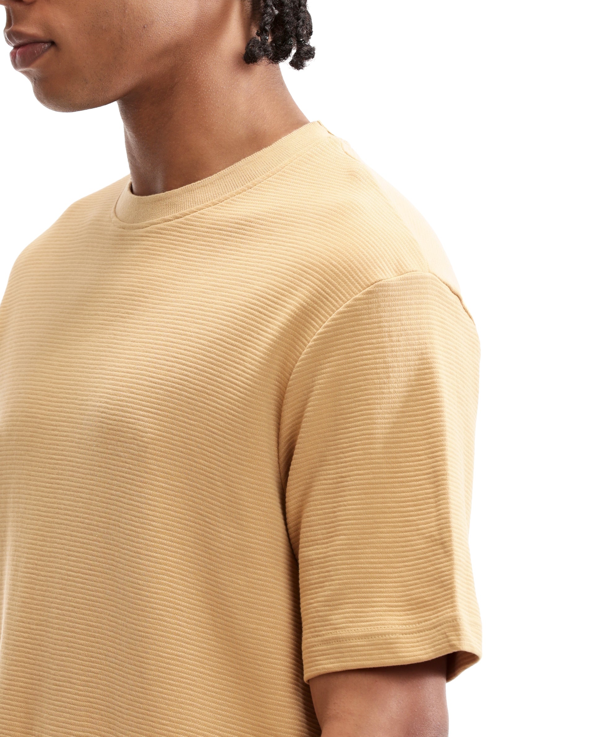 Camel Beige Knitted Ottoman Crew Neck Oversized T-Shirt