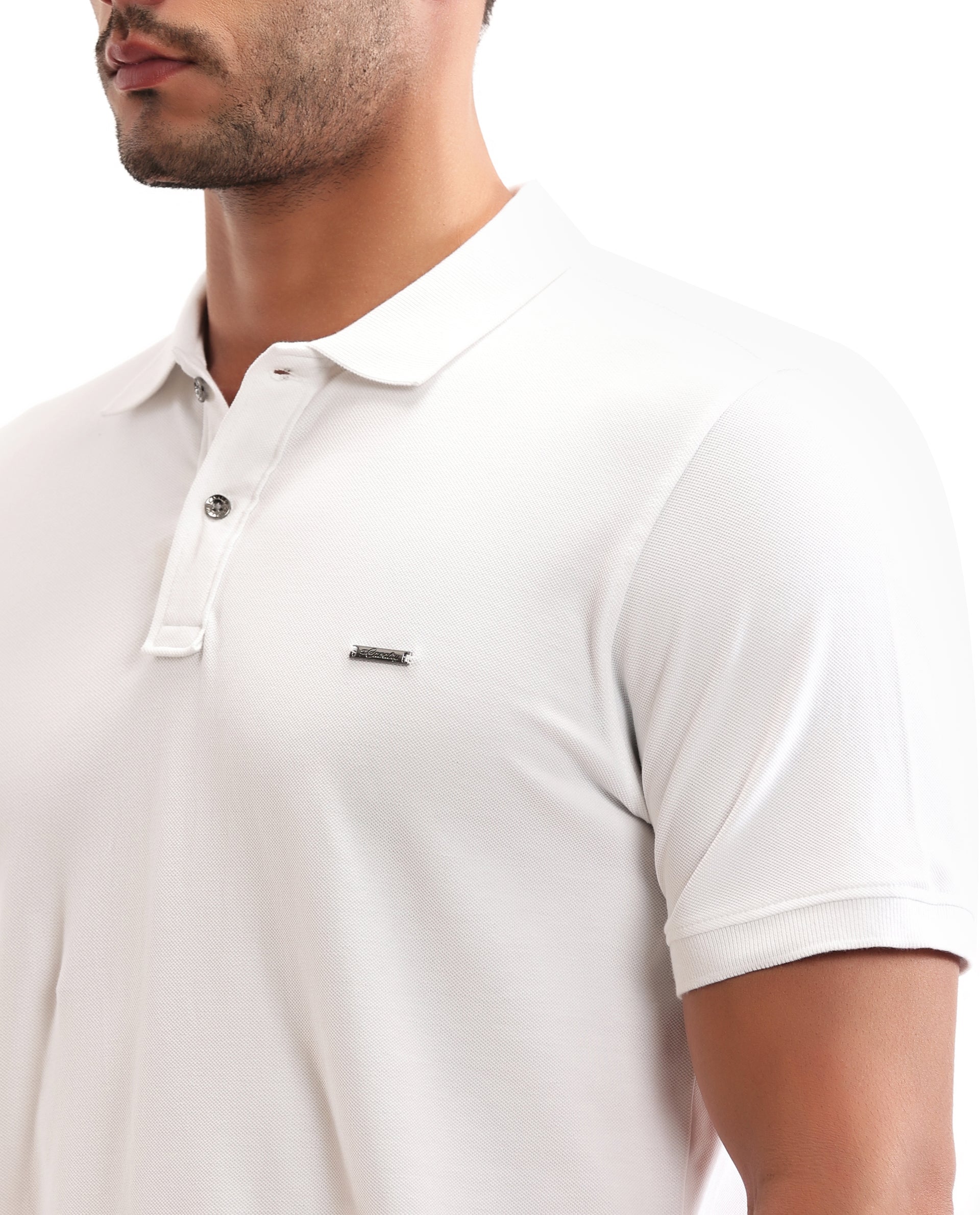Pure White Pique Polo with Metal Buttons, 7C Metal Badge
