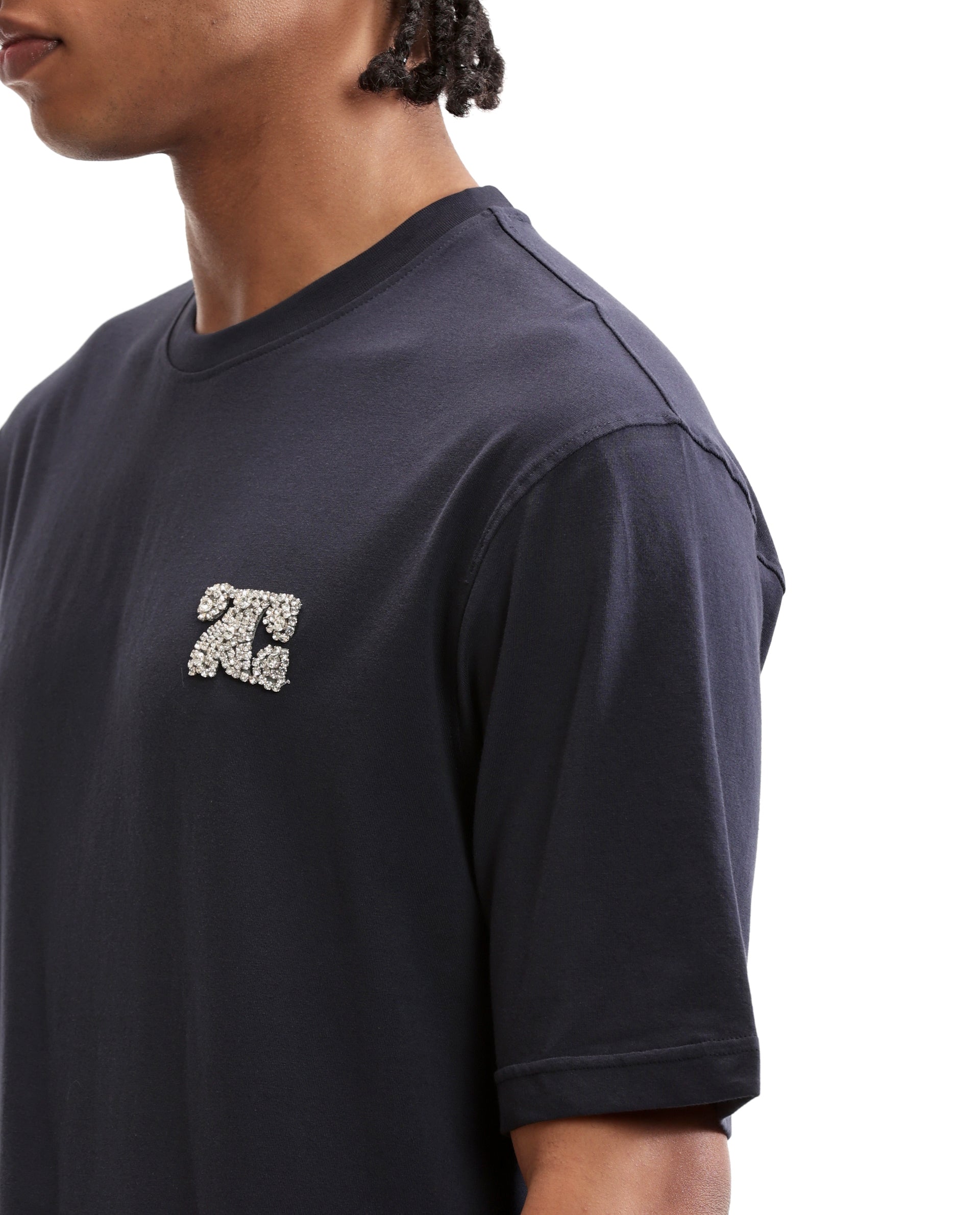 Midnight Navy Blue Single Jersey Crew Neck Oversized T-Shirt with Crystal Finish Rhinestones