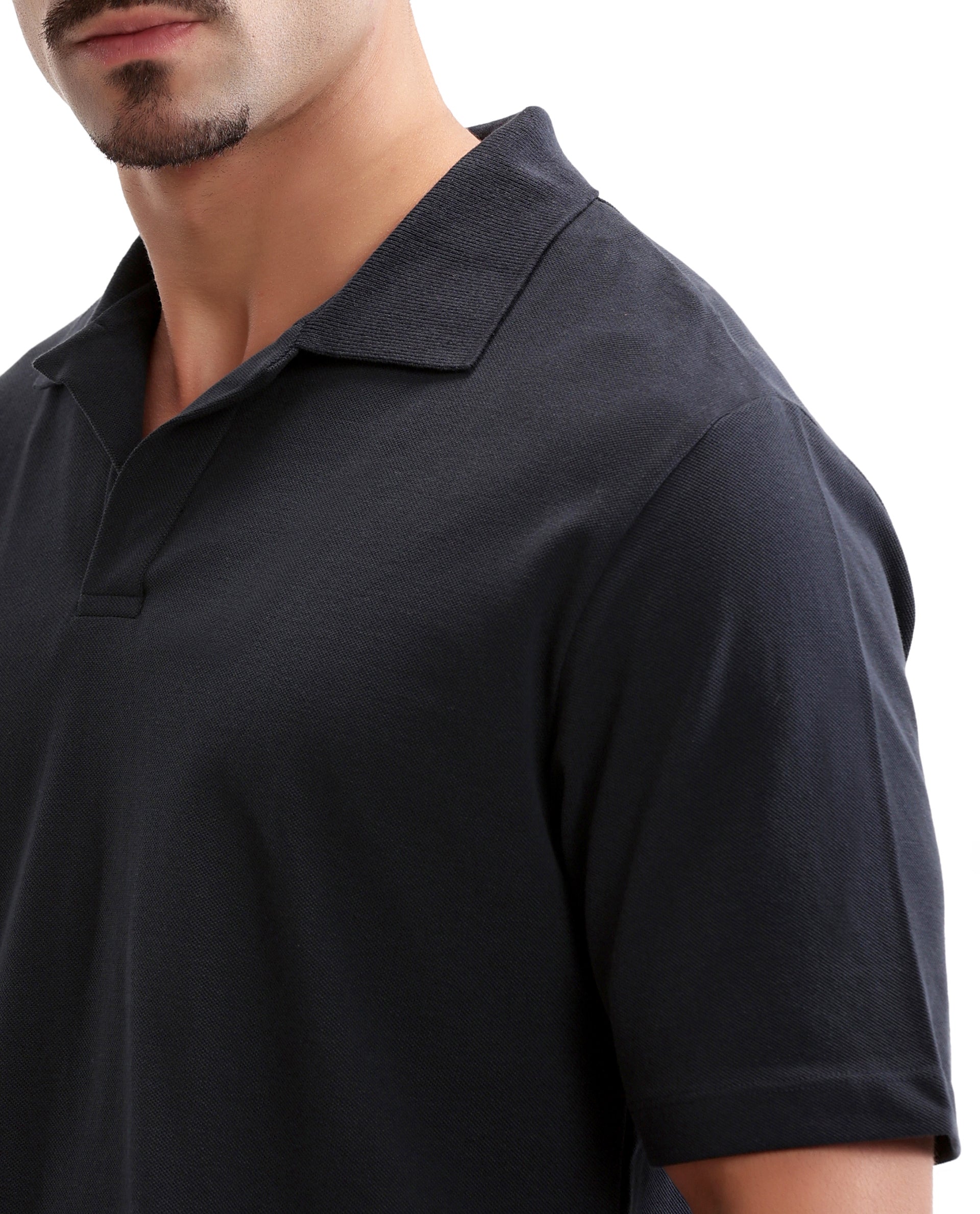 Midnight Navy Blue Pique Johnny Collar Polo