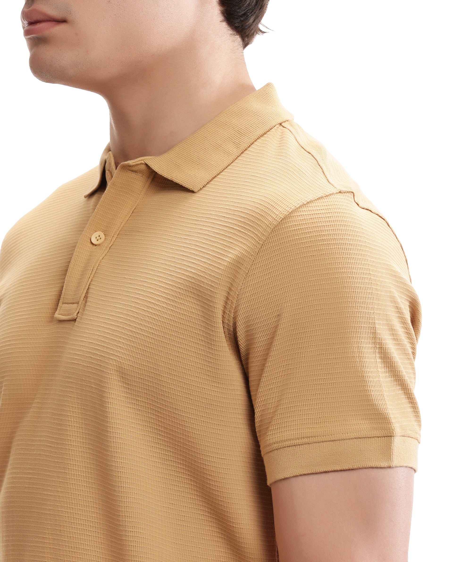 Camel Beige Knitted Waffle Polo with Ribbed Collar