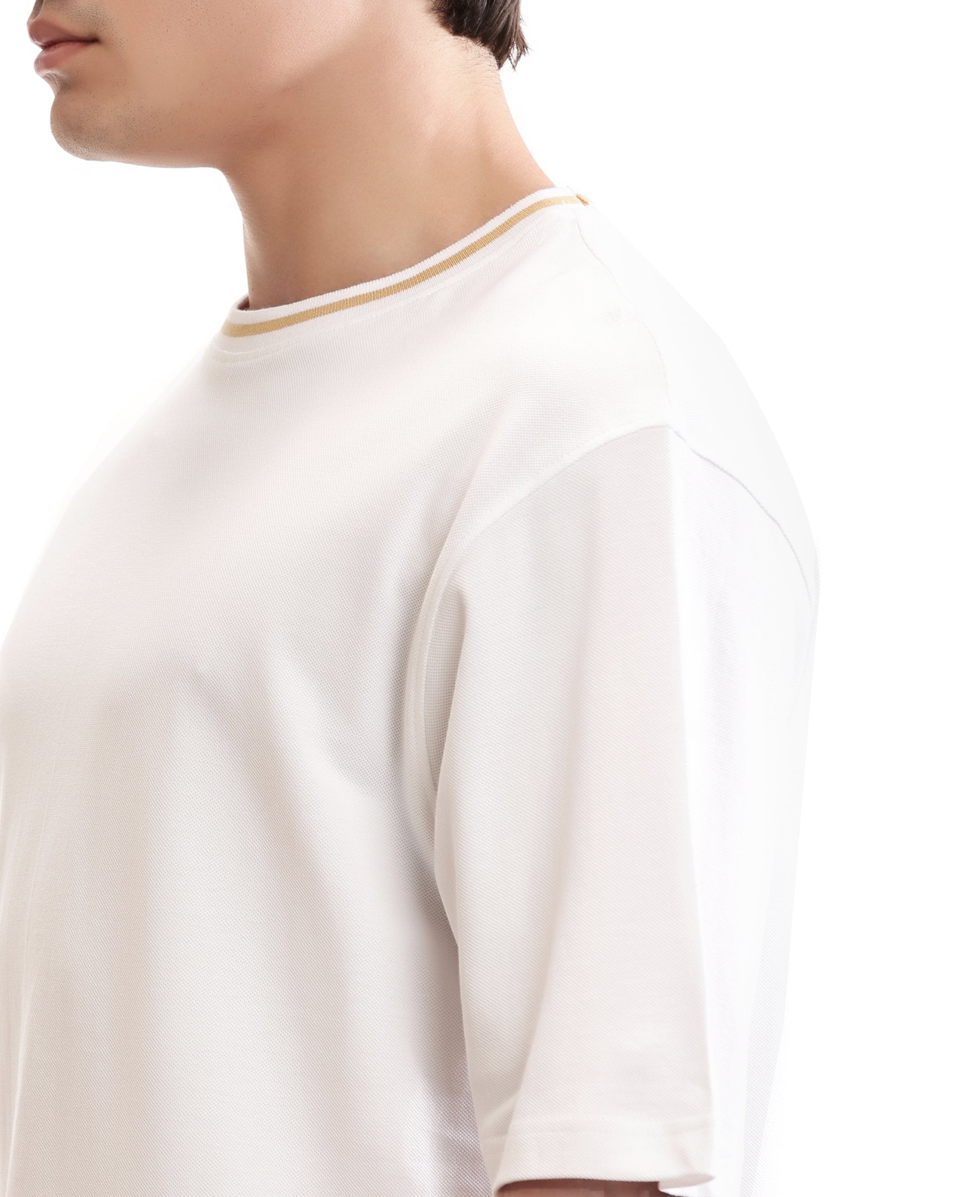 Pure White Pique Crew Neck Oversized T-Shirt with Camel Beige Piping