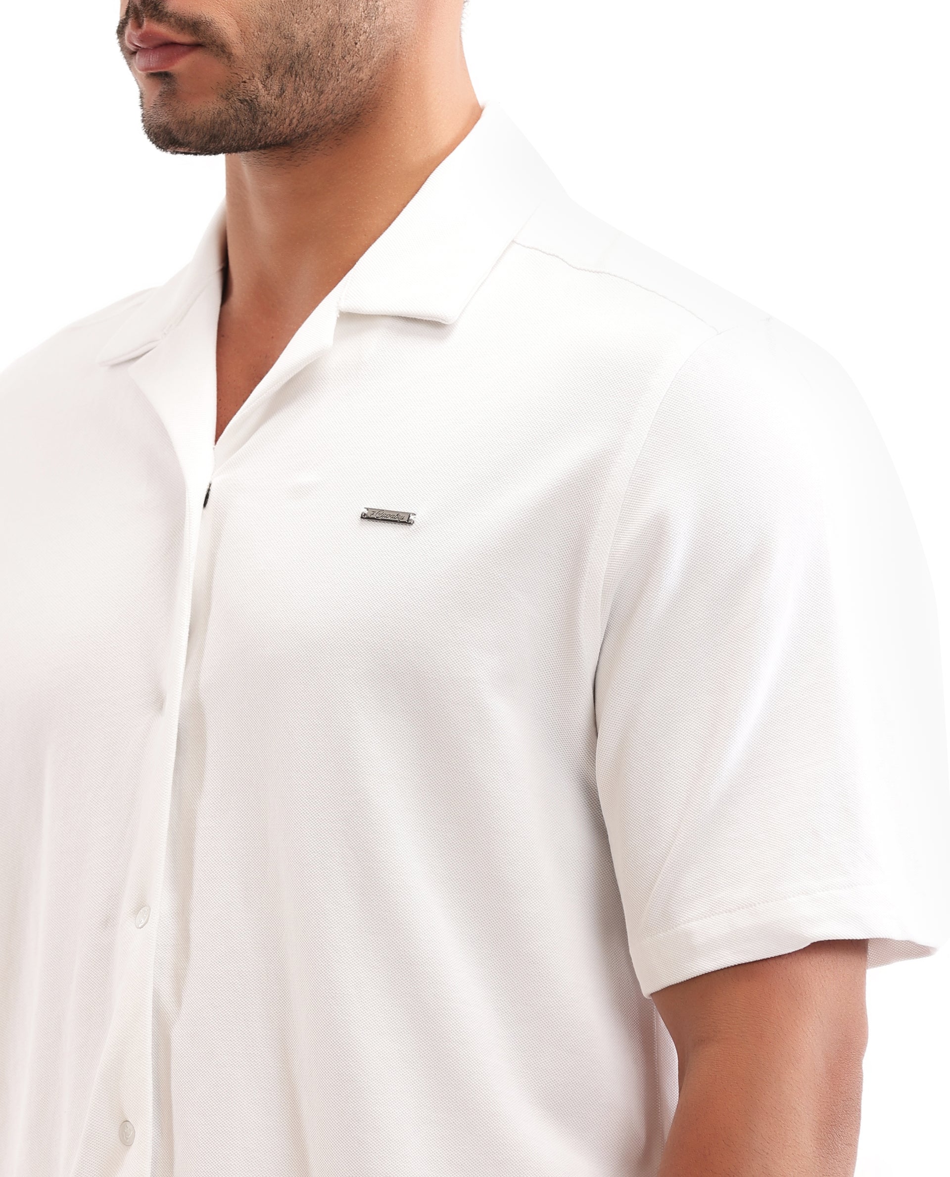 Pure White Pique Knit Shirt with 7C Engraved Snap Buttons, Gun Metal Badge