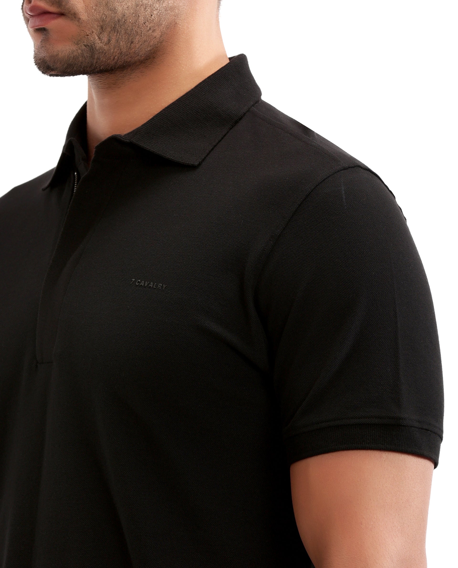 Charcoal Black Solid Polo with Concealed 7C Metal Zip, HD Print