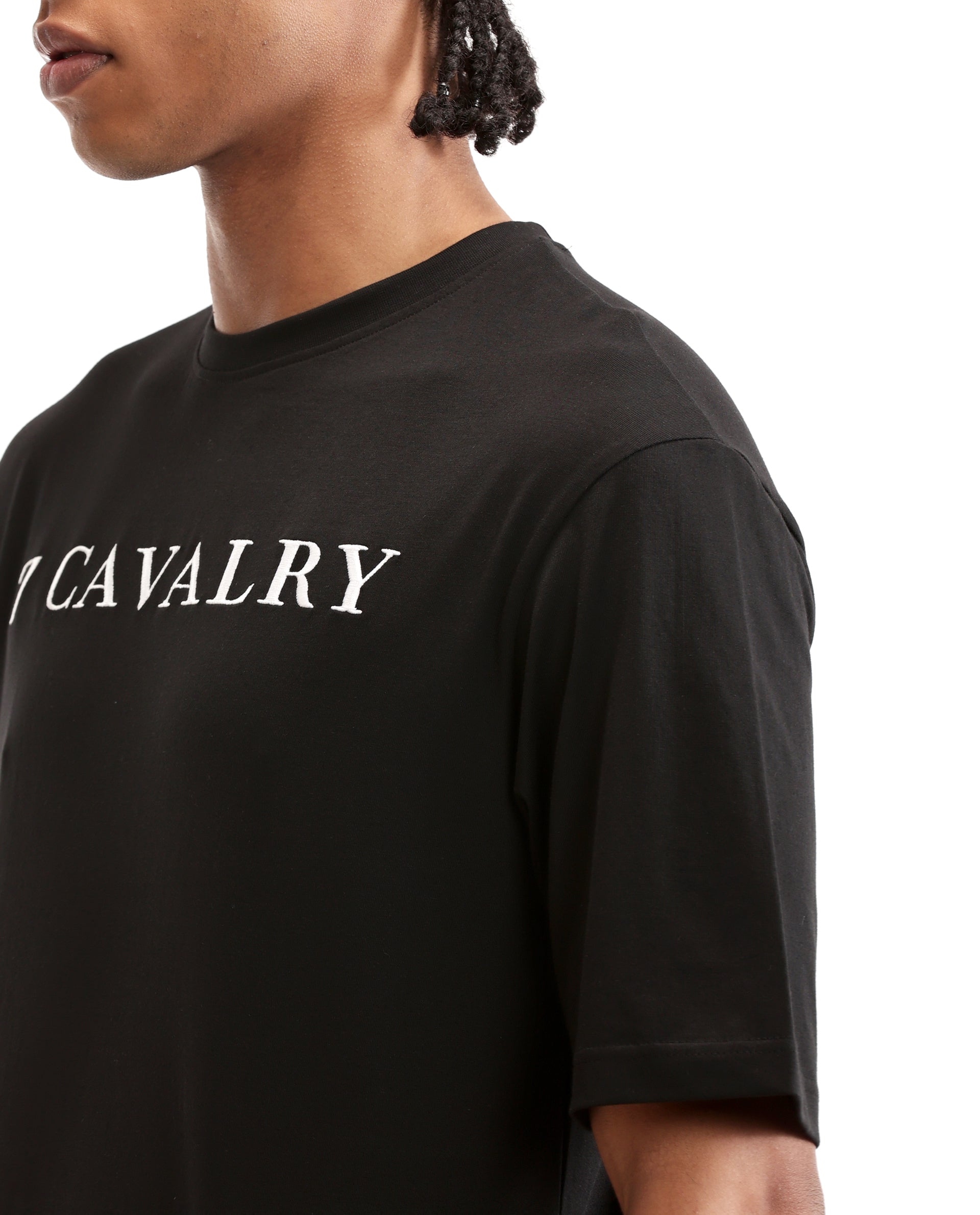 Charcoal Black Single Jersey Crew Neck Oversized T-Shirt with Pure White Embroidery