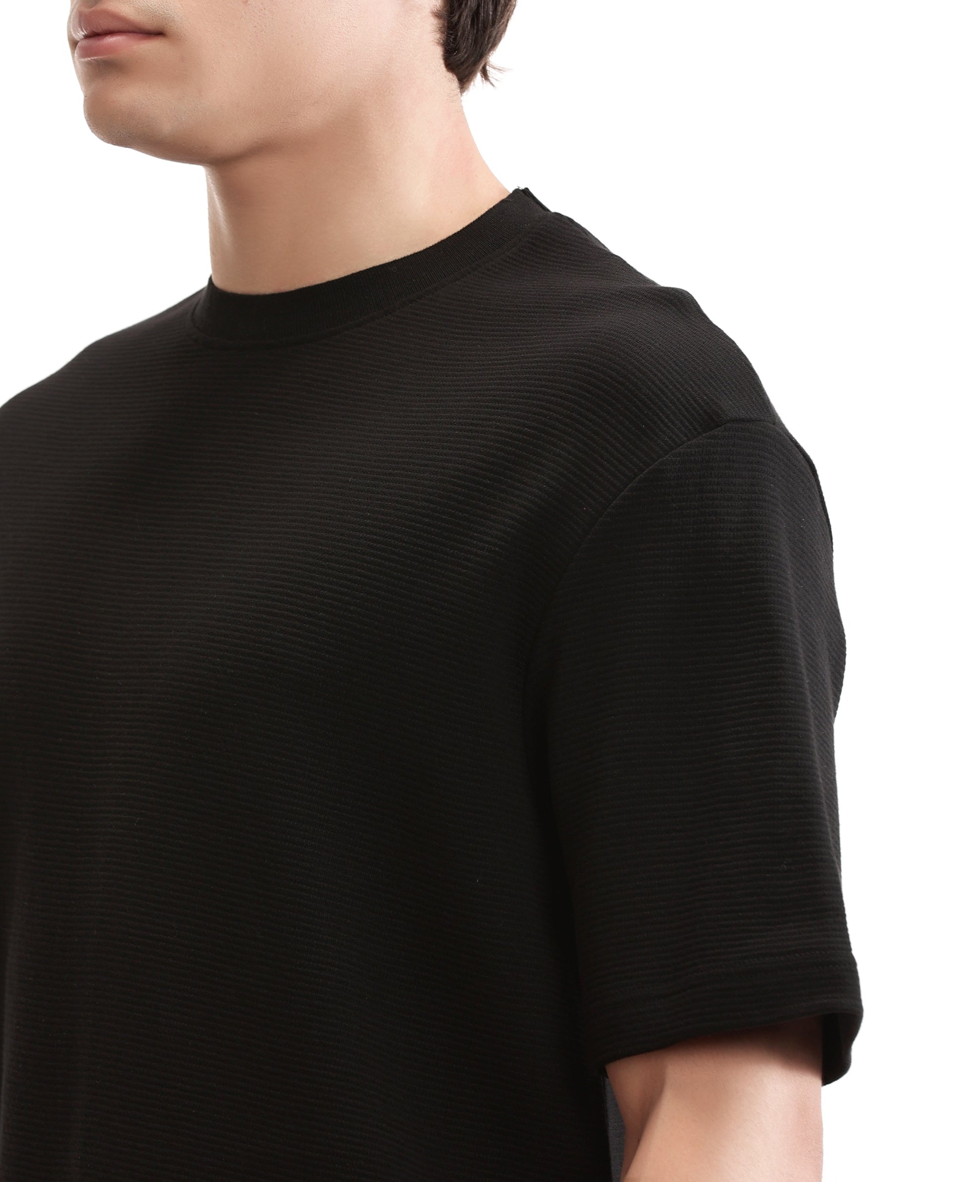 Charcoal Black Knitted Ottoman Crew Neck Oversized T-Shirt