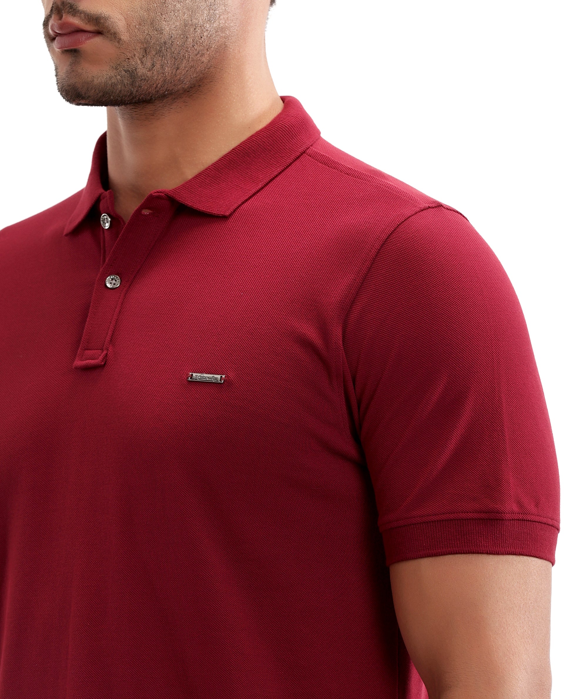 Bordeaux Maroon Pique Polo with Metal Buttons, 7C Metal Badge