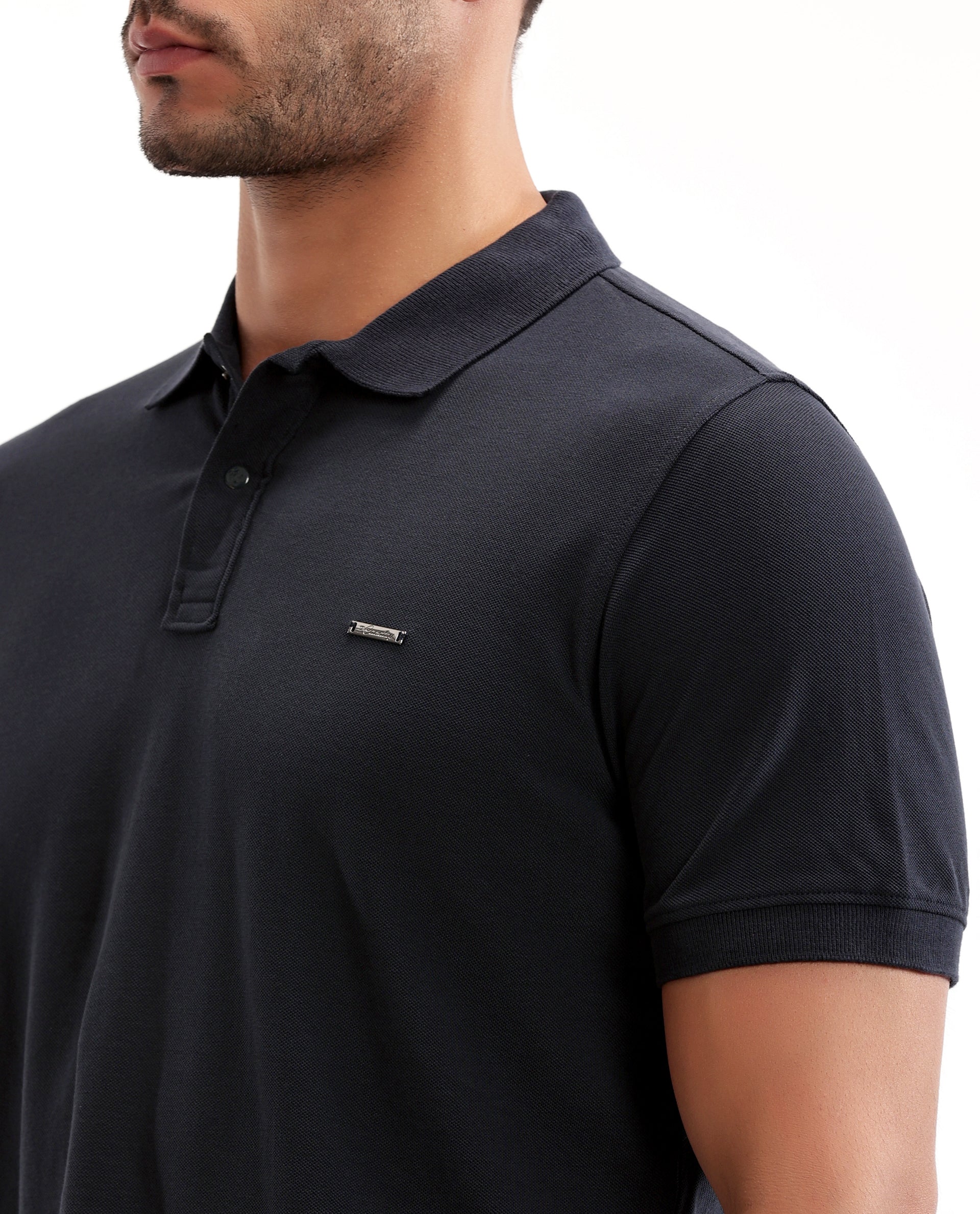 Midnight Navy Blue Pique Polo with 7C Snap Buttons, Metal Badge