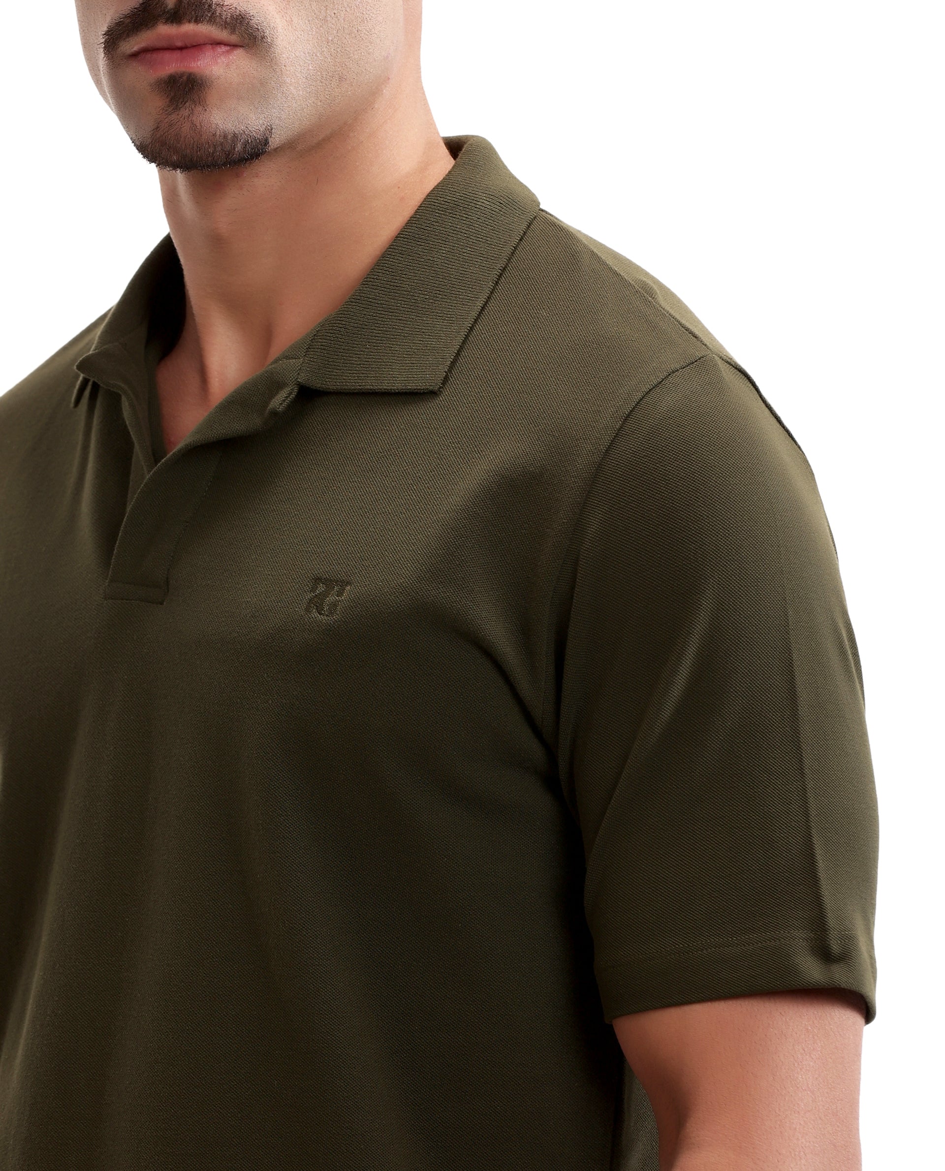 Vintage Olive Johnny Collar Pique Polo with Tone-on-Tone 7C Embroidery