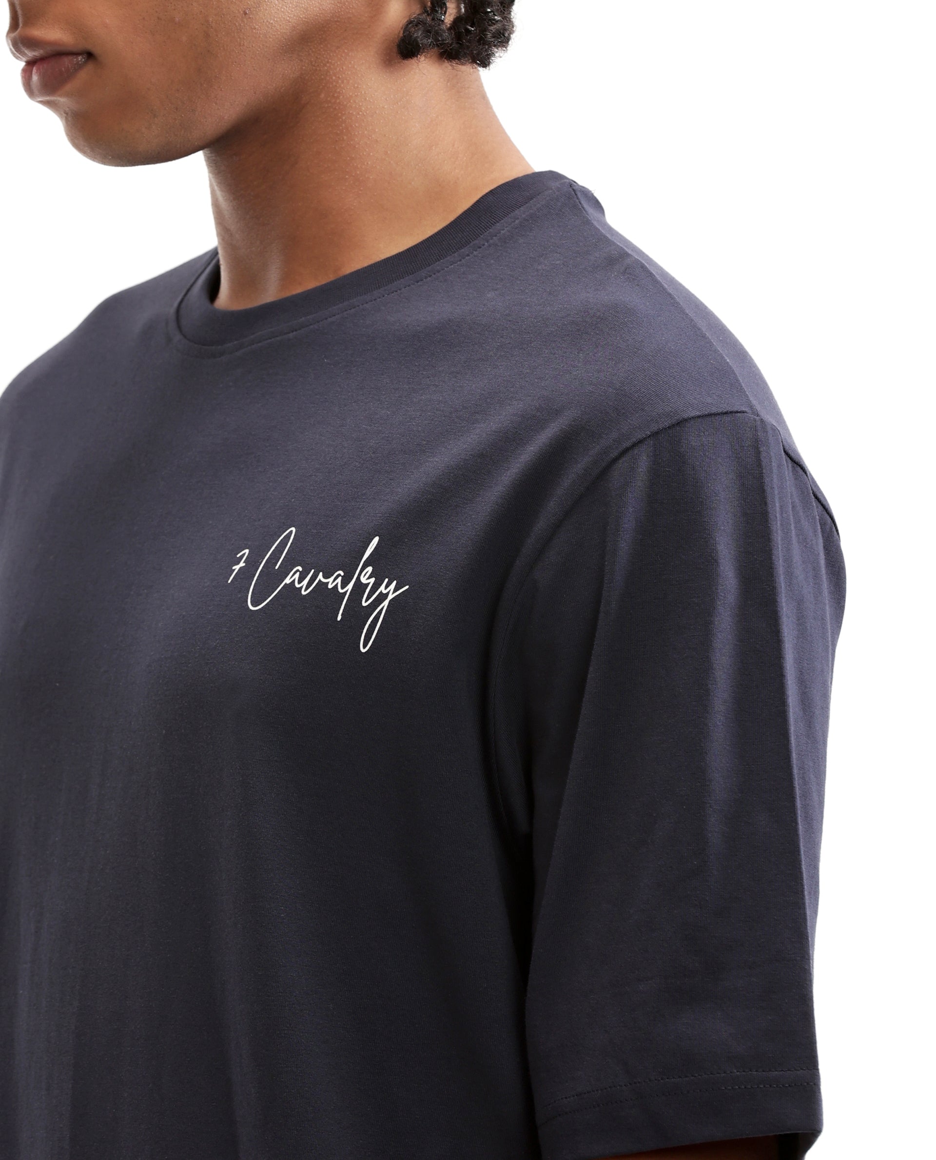 Midnight Navy Blue Single Jersey Crew Neck Oversized T-Shirt with Pure White Non-PVC Print