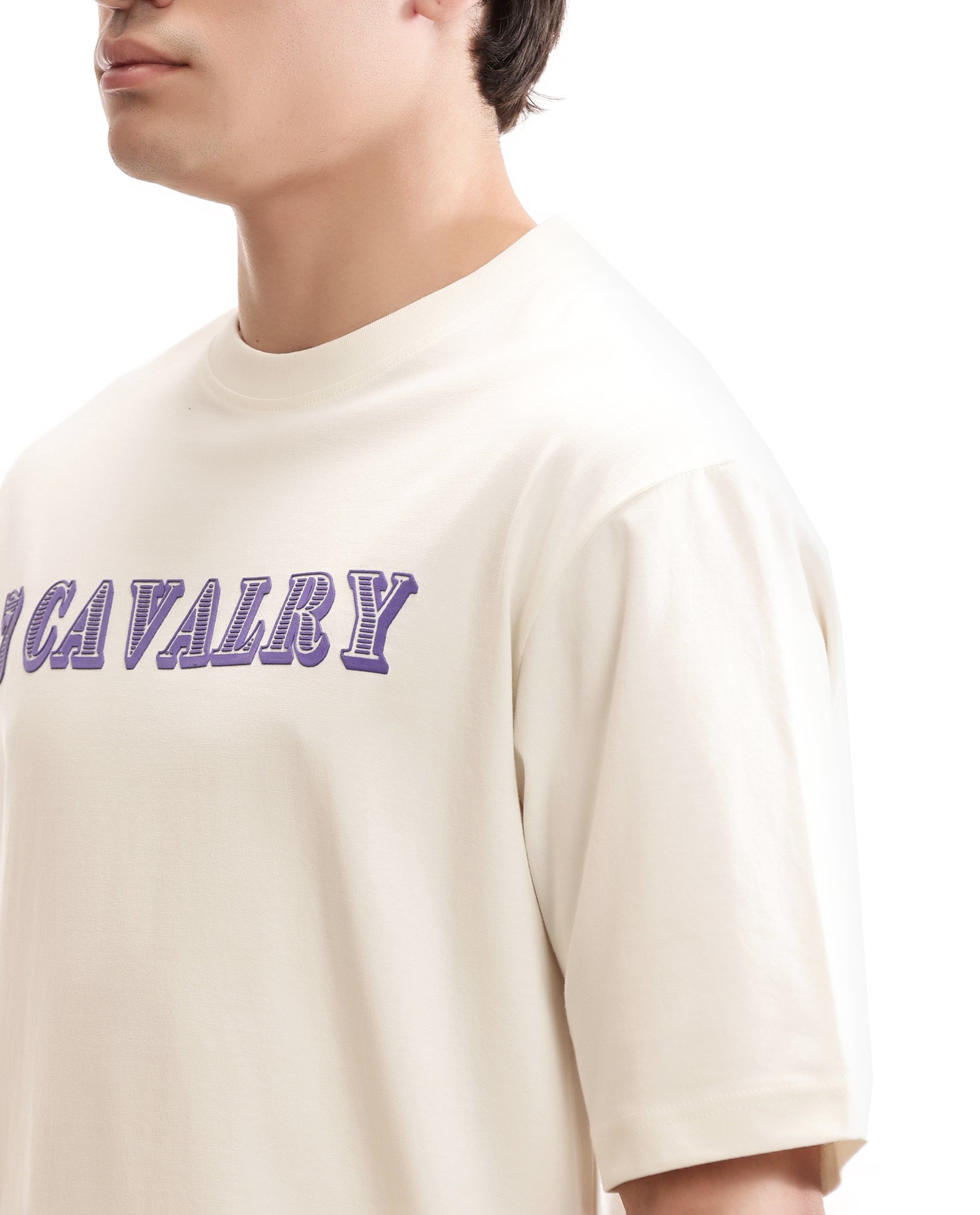 Ivory White Single Jersey Crew Neck Oversized T-Shirt with Deep Purple HD Print