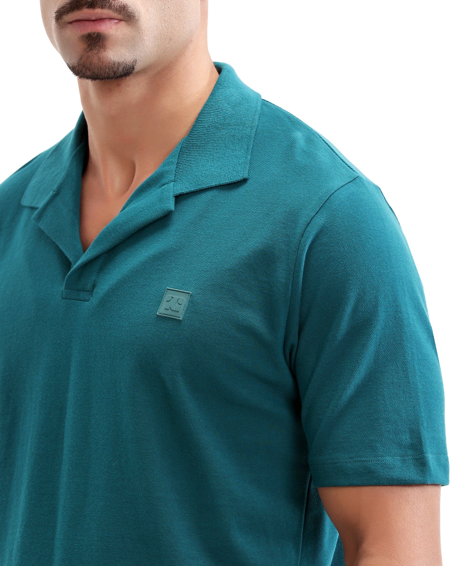 Ocean Teal Pique Johnny Collar Polo with 7C Rubber Badge