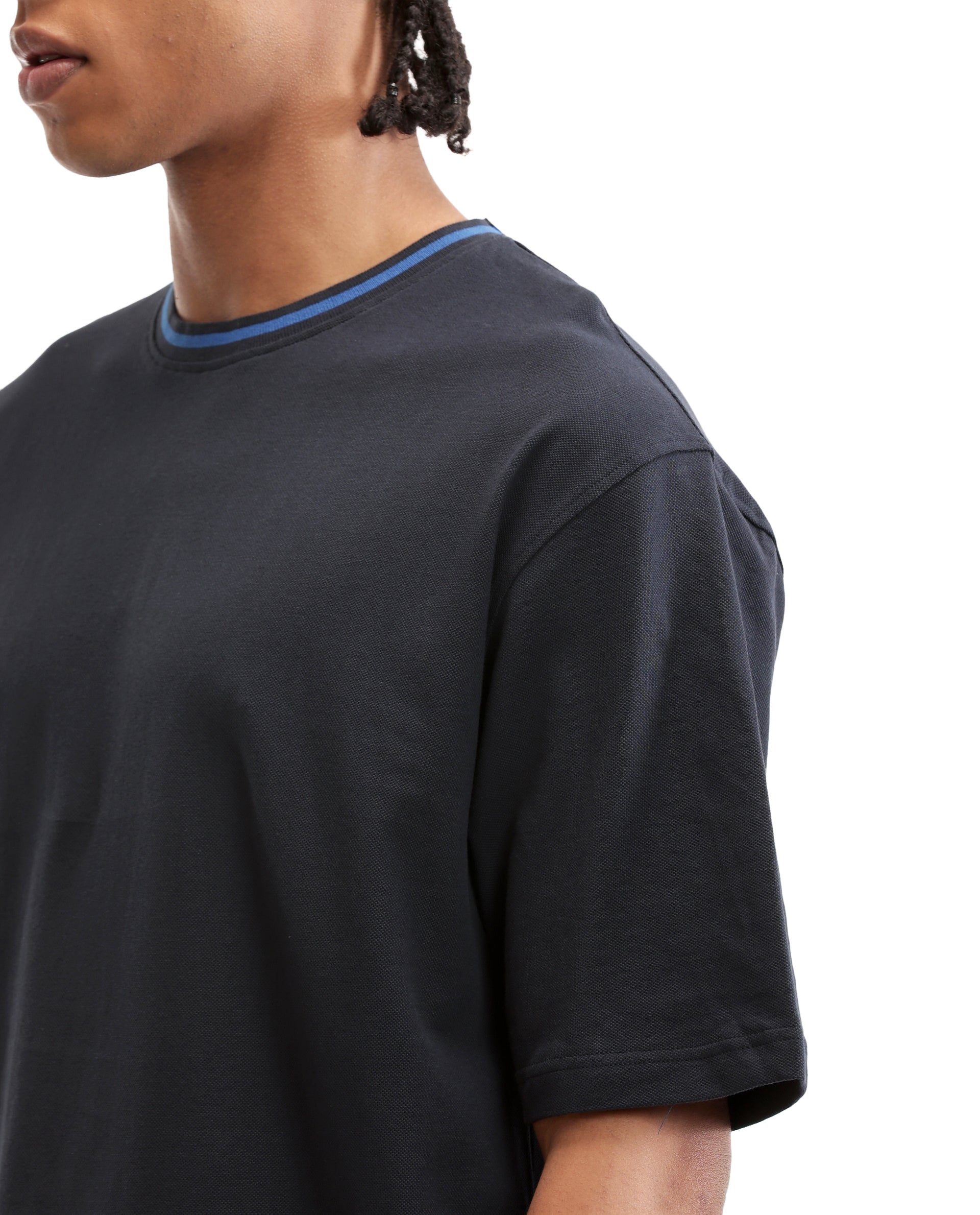Midnight Navy Blue Pique Crew Neck Oversized T-Shirt with Imperial Prussian Blue