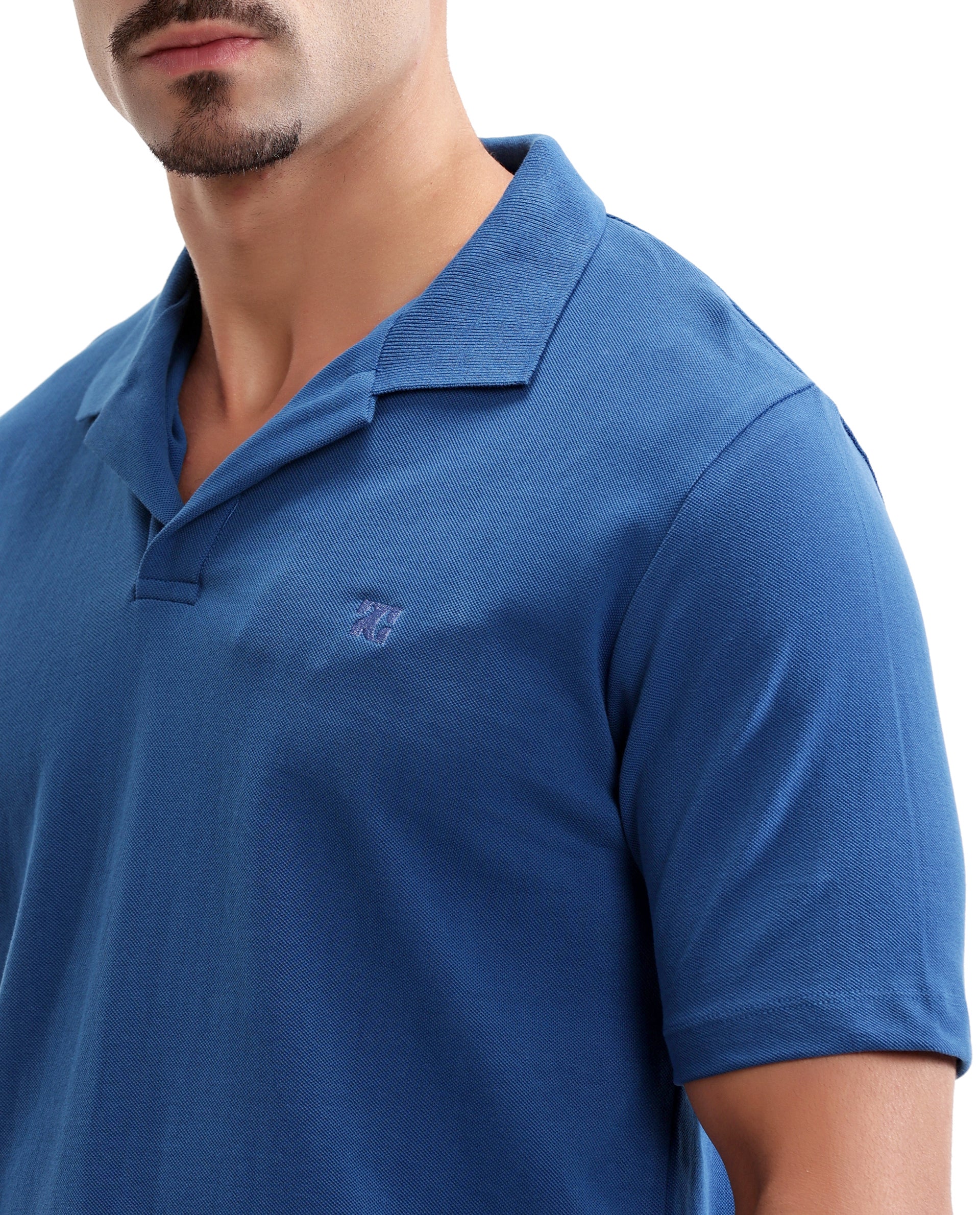 Imperial Prussian Blue Johnny Collar Pique Polo with Tone-on-Tone 7C Embroidery