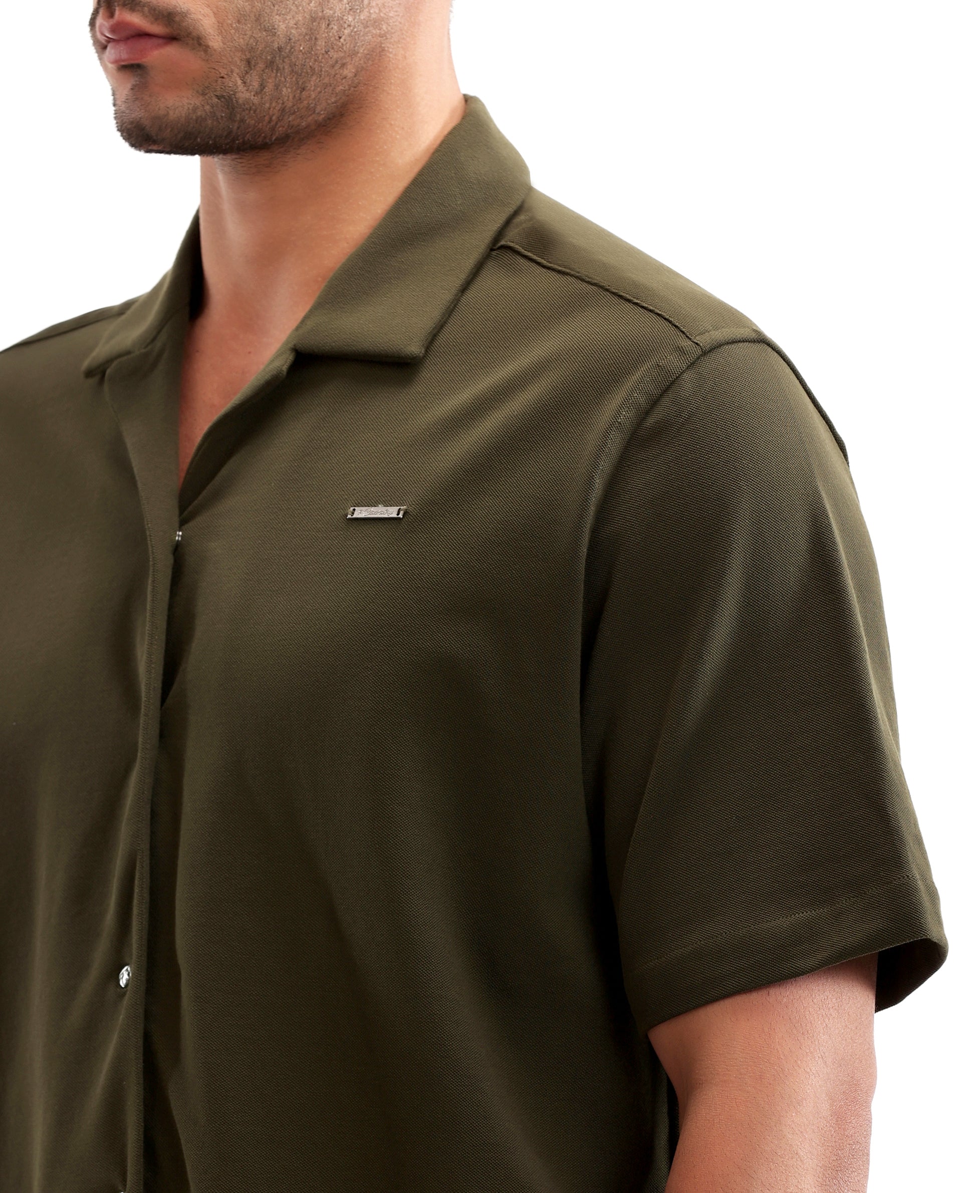 Vintage Olive Pique Knit Shirt with 7C Engraved Snap Buttons, Gun Metal Badge