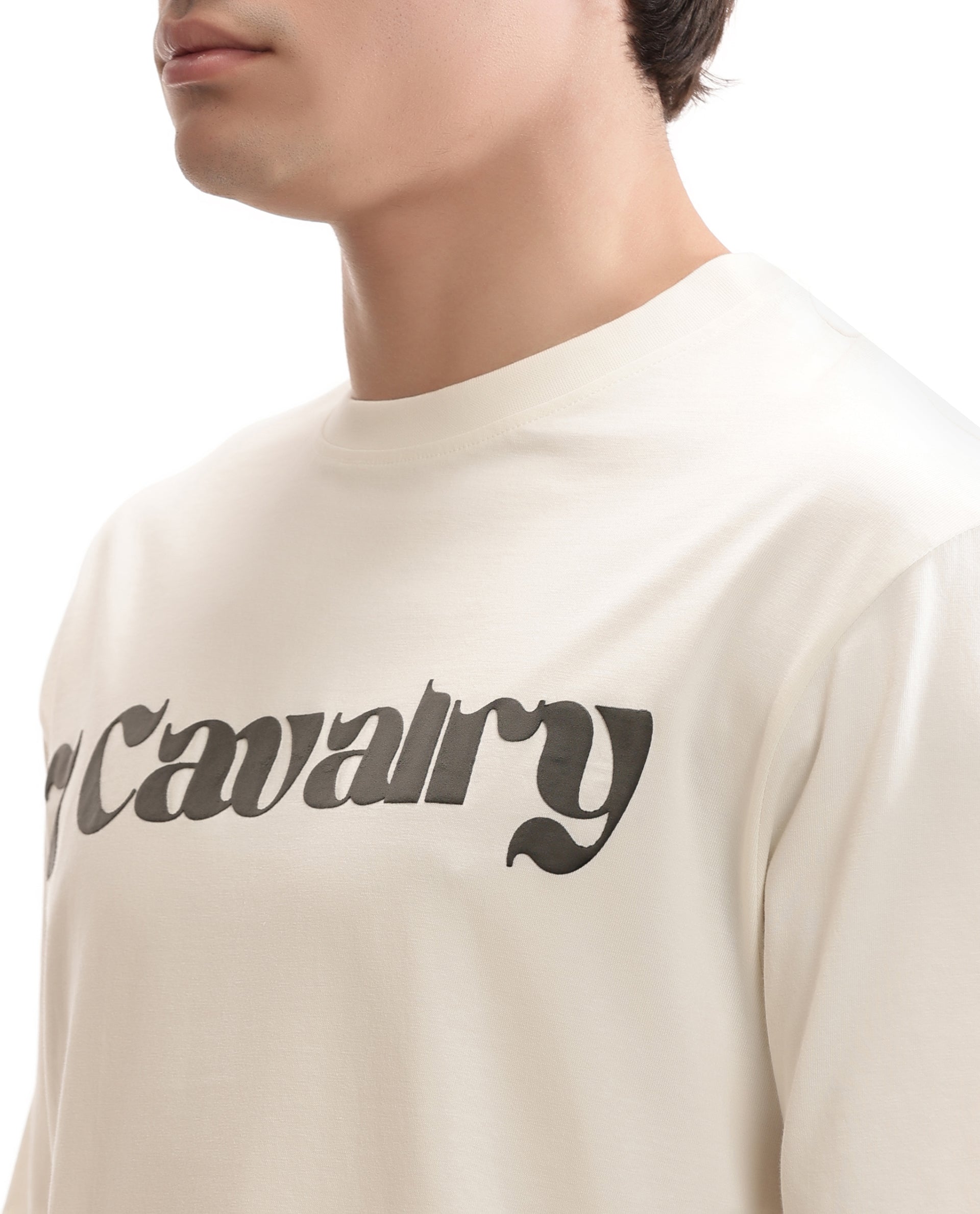 Ivory White Single Jersey Crew Neck Oversized T-Shirt with Charcoal Black Puff Print