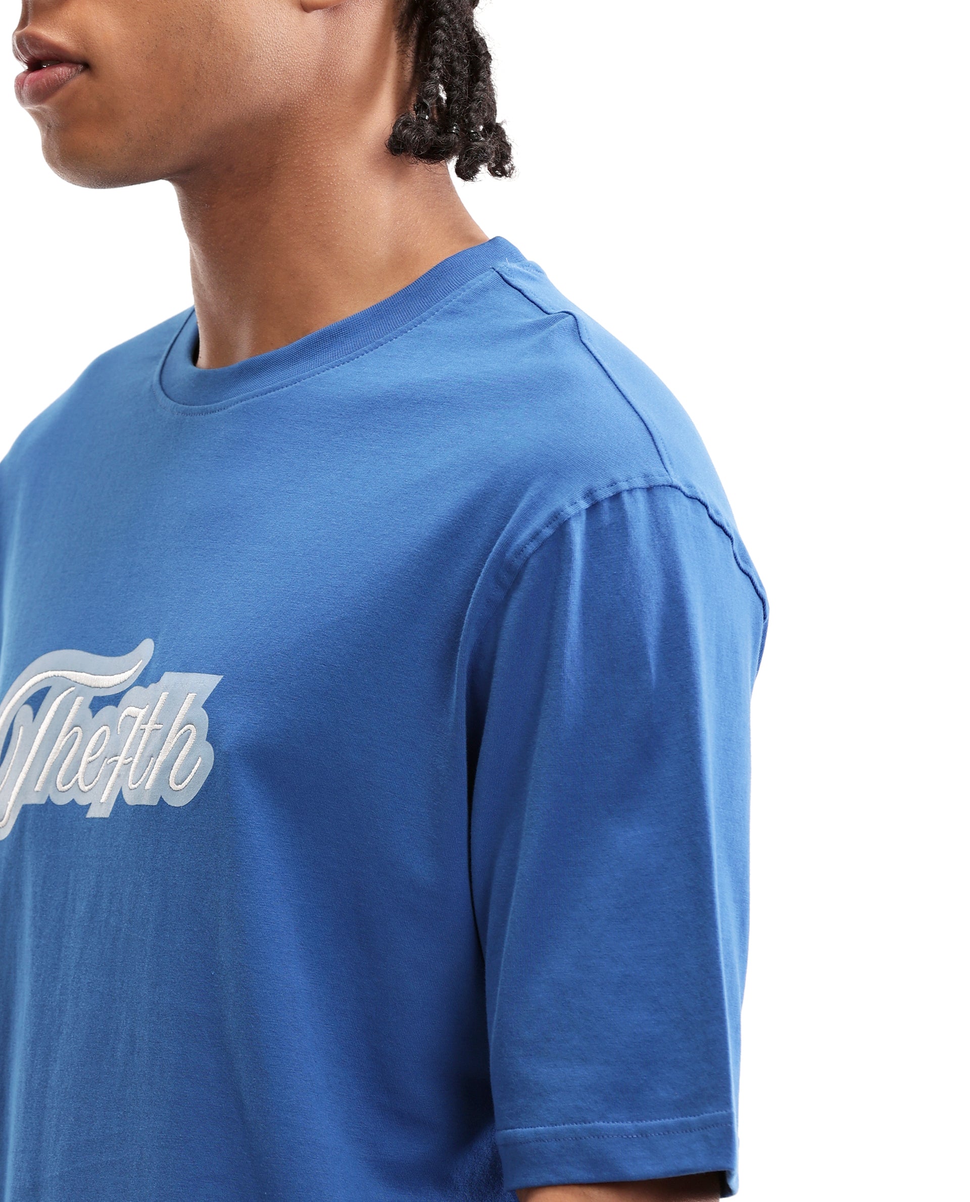 Imperial Prussian Blue Single Jersey Crew Neck Oversized T-Shirt with Light Blue Print & Pure White 7C Embroidery