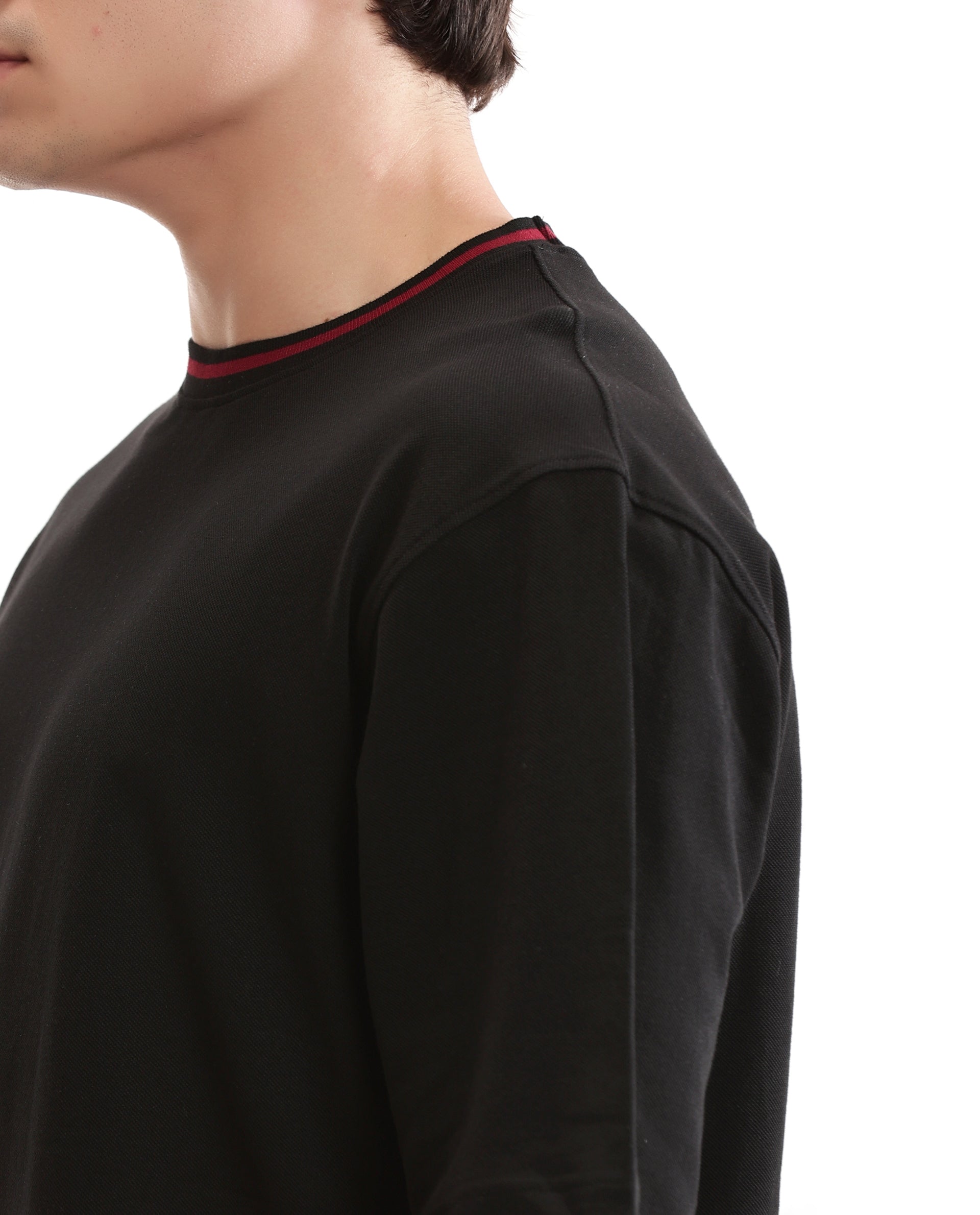 Charcoal Black Pique Crew Neck Oversized T-Shirt with Bordeaux Maroon Piping