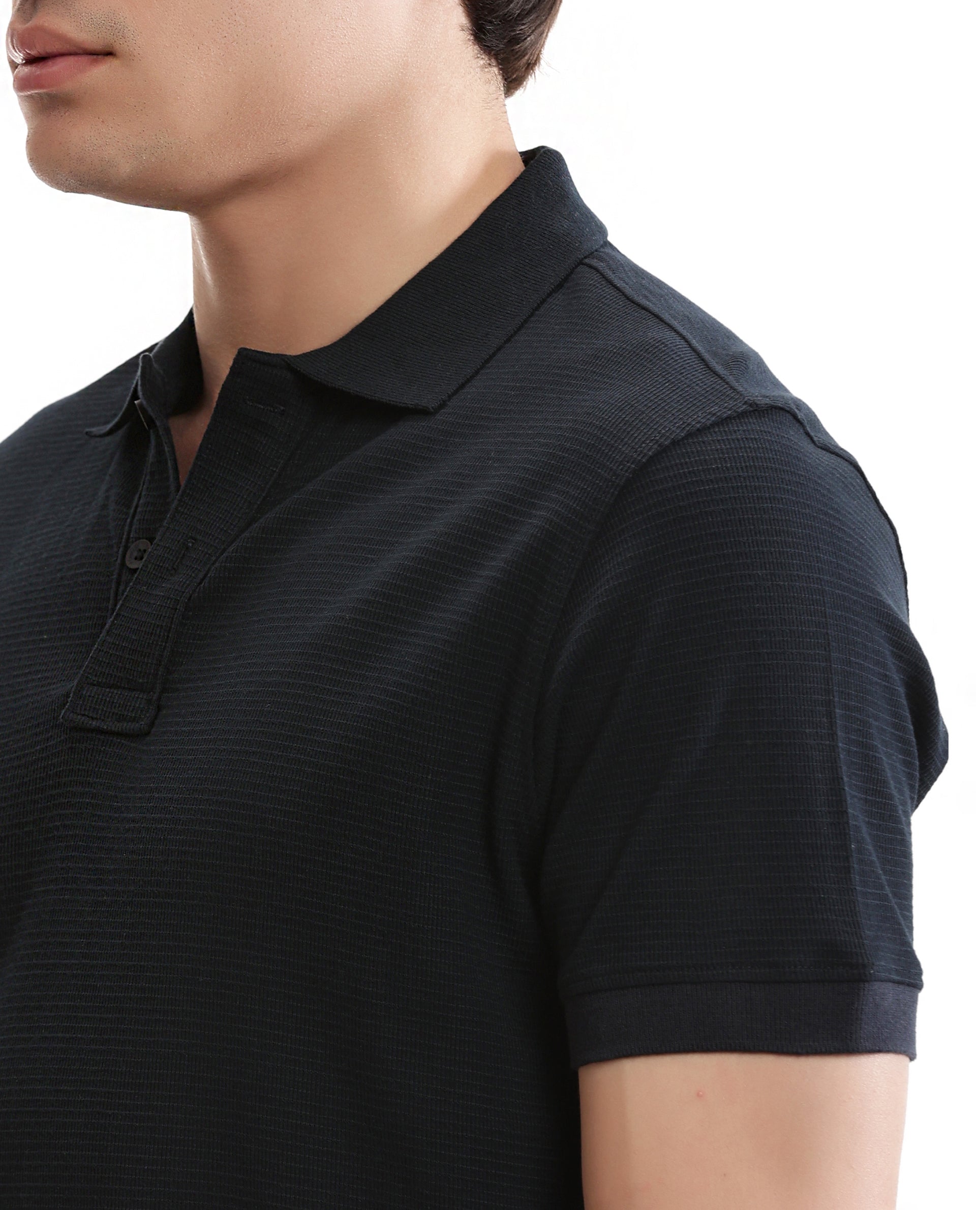 Midnight Navy Blue Knitted Waffle Polo with Ribbed Collar