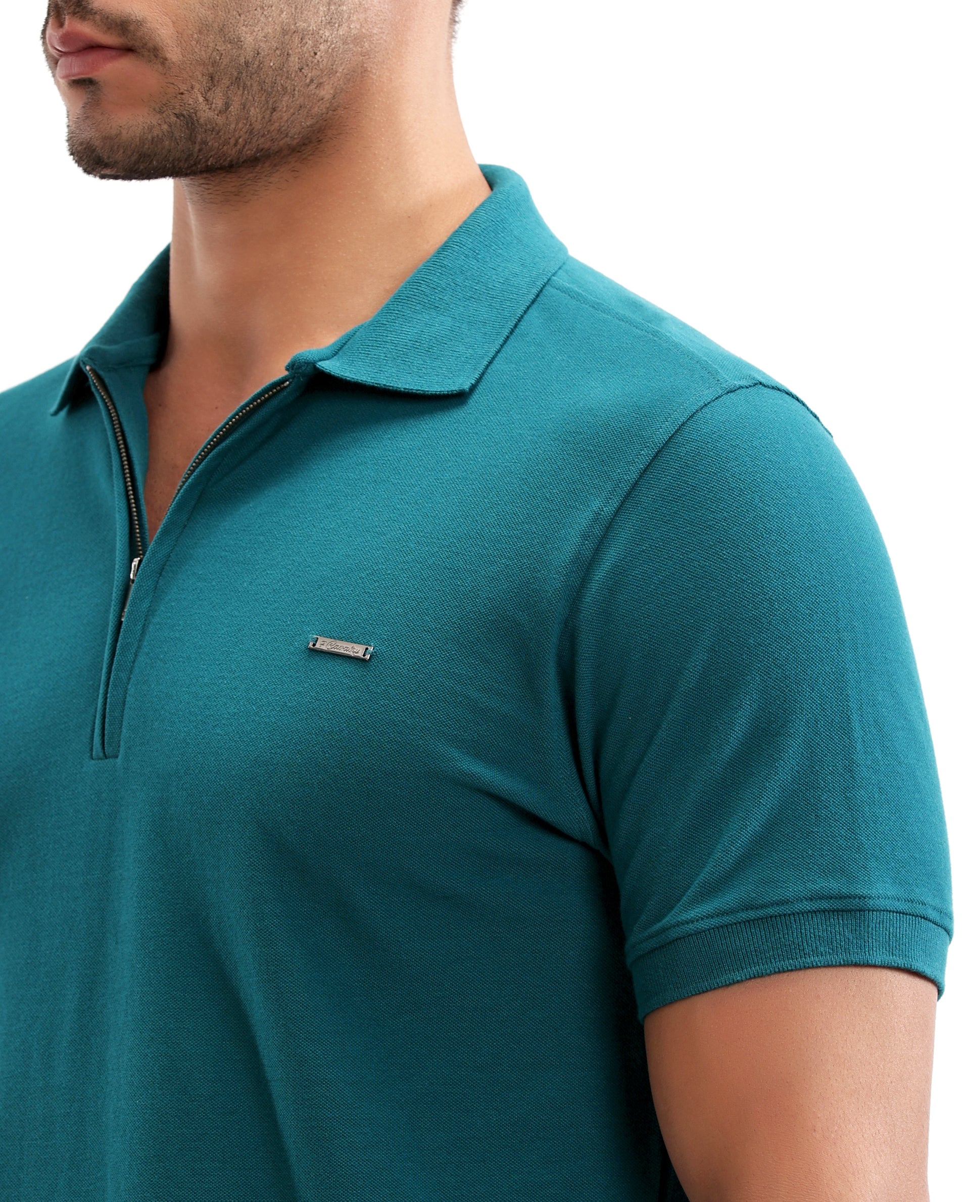 Ocean Teal Pique Polo with 7C Metal Zip, Metal Badge