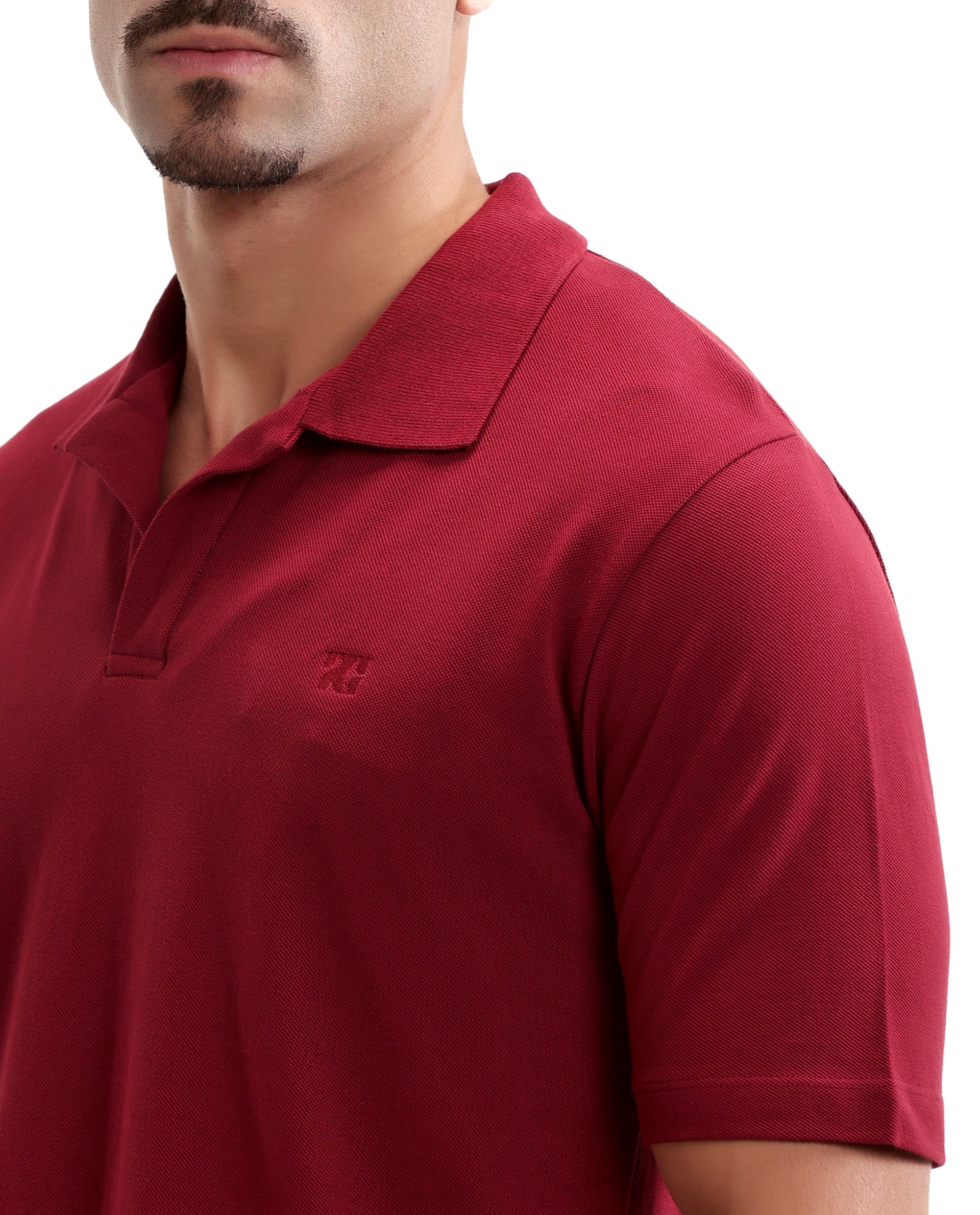 Bordeaux Maroon Johnny Collar Pique Polo with Tone-on-Tone 7C Embroidery