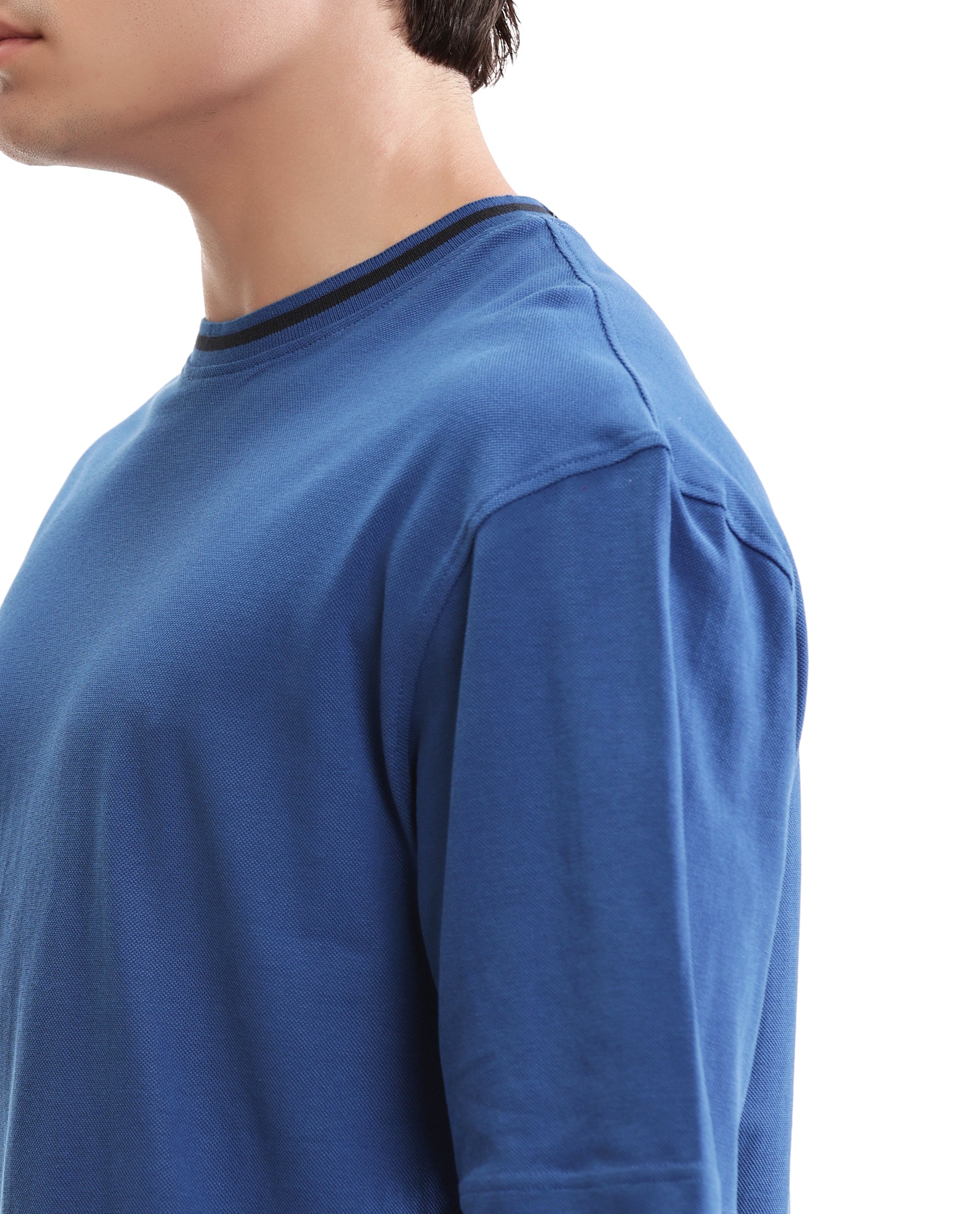 Imperial Prussian Blue Pique Crew Neck Oversized T-Shirt with Midnight Navy Blue Piping