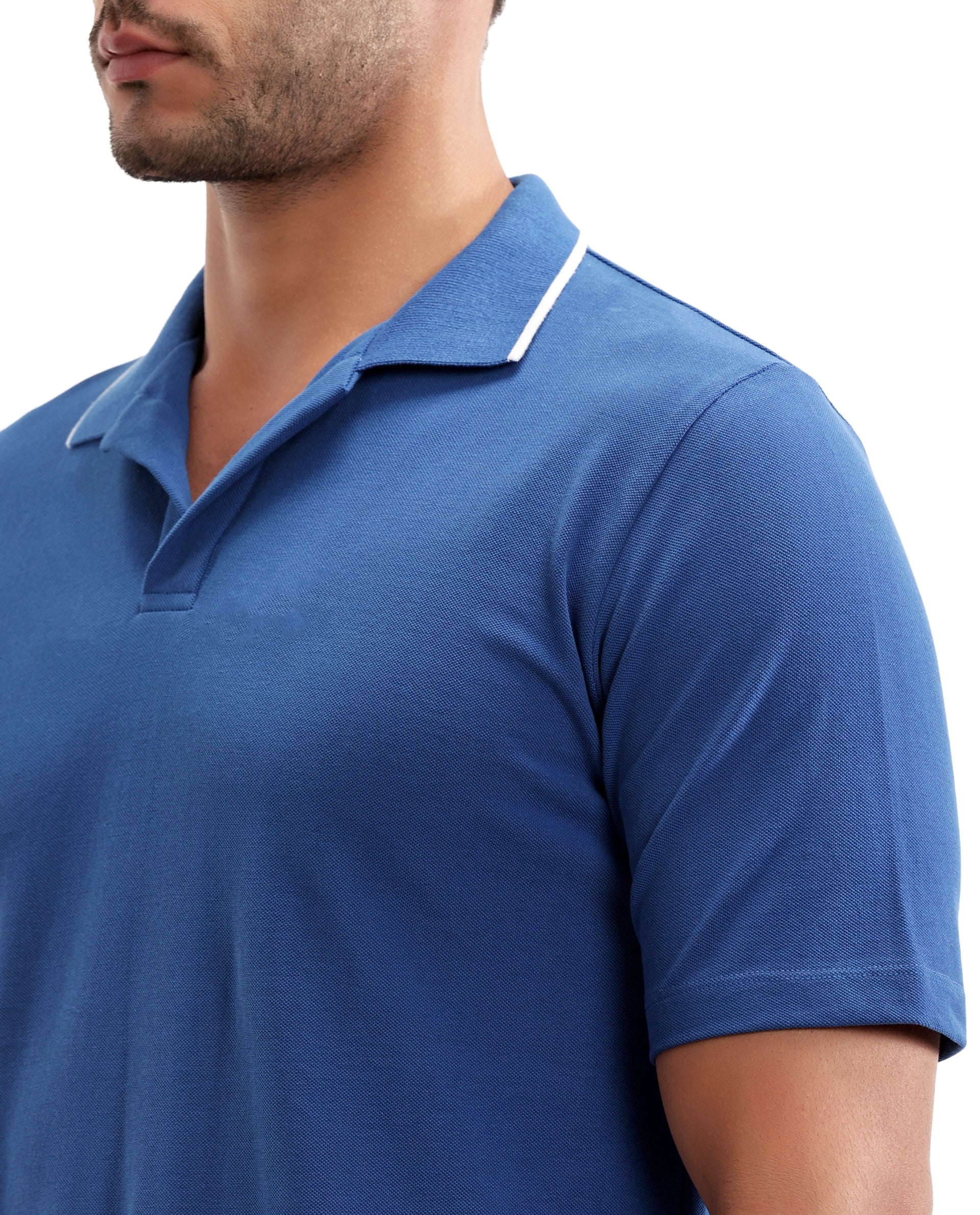 Prussian Blue Johnny Collar Polo with White Collar Piping