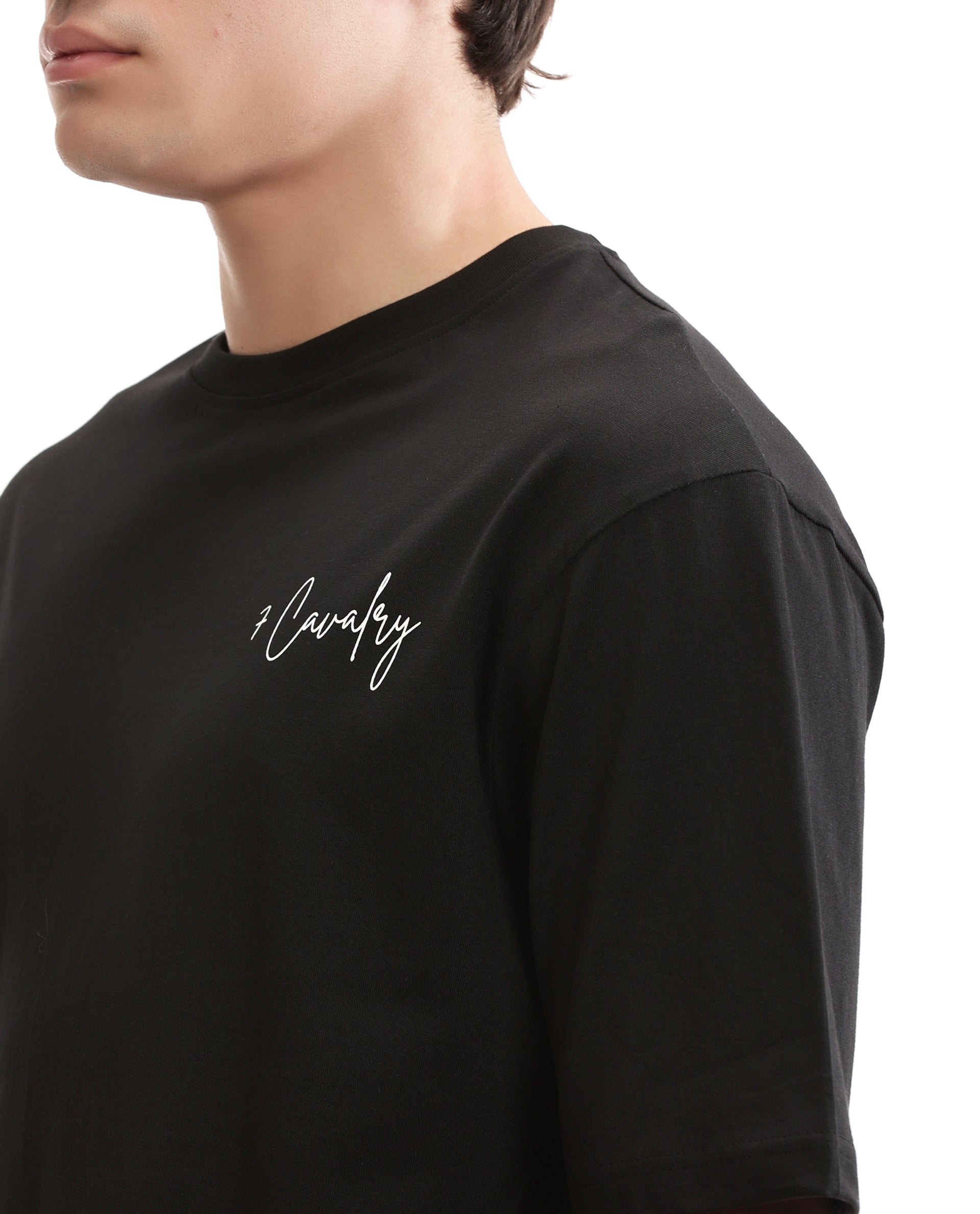 Charcoal Black Single Jersey Crew Neck Oversized T-Shirt with Pure White Non-PVC Print