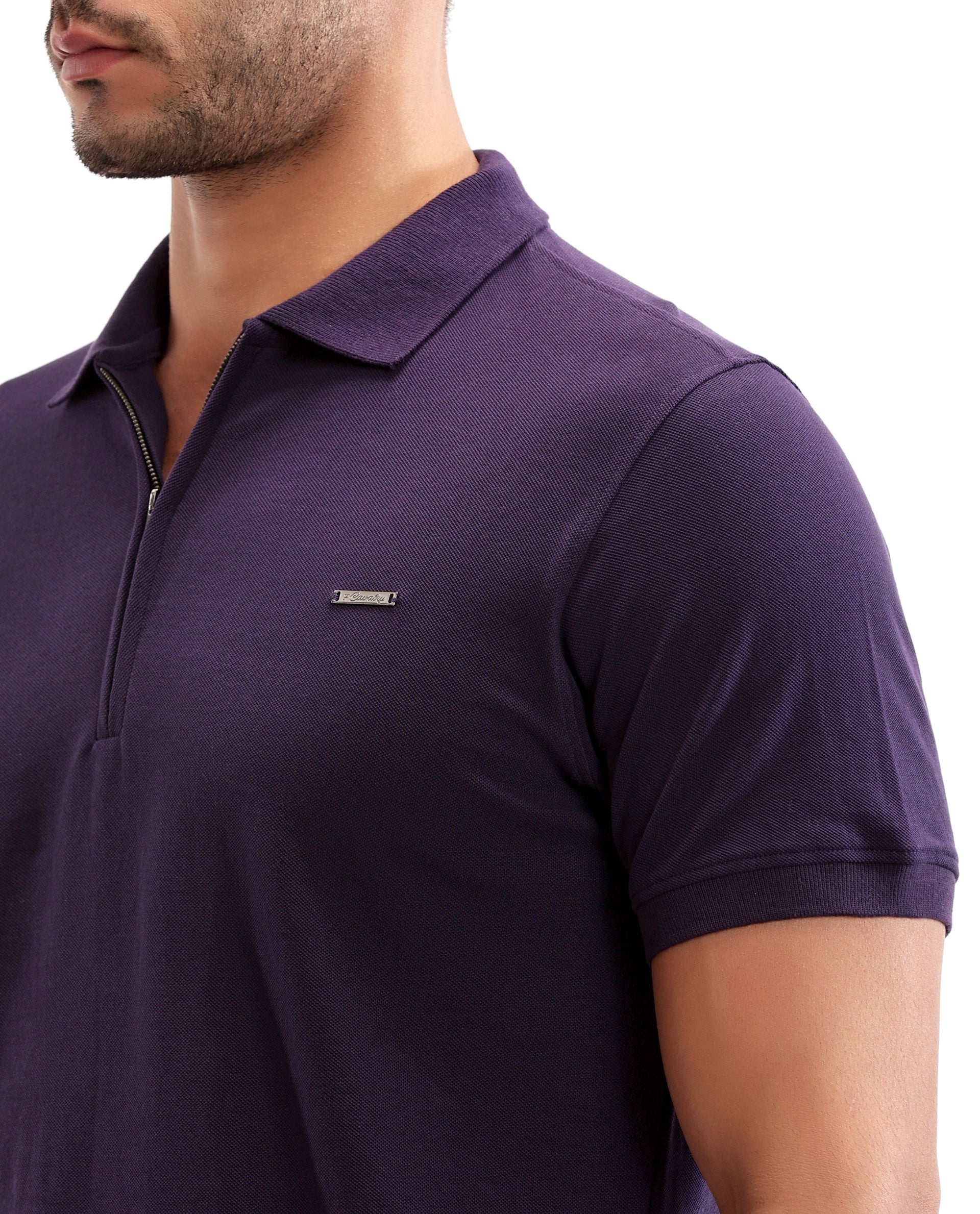 Deep Purple Pique Polo with 7C Metal Zip, Metal Badge