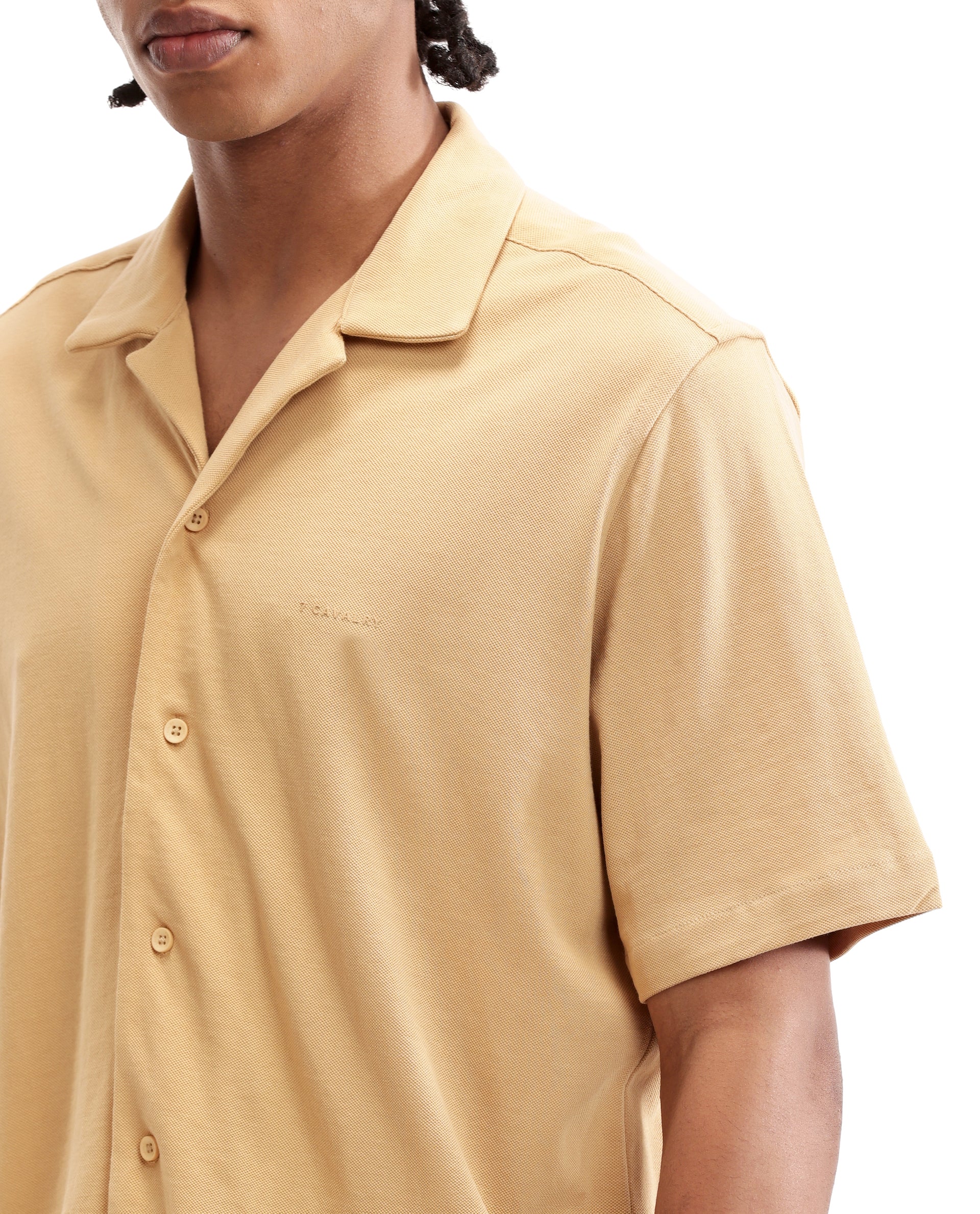 Camel Beige Pique Knit Shirt with HD Print