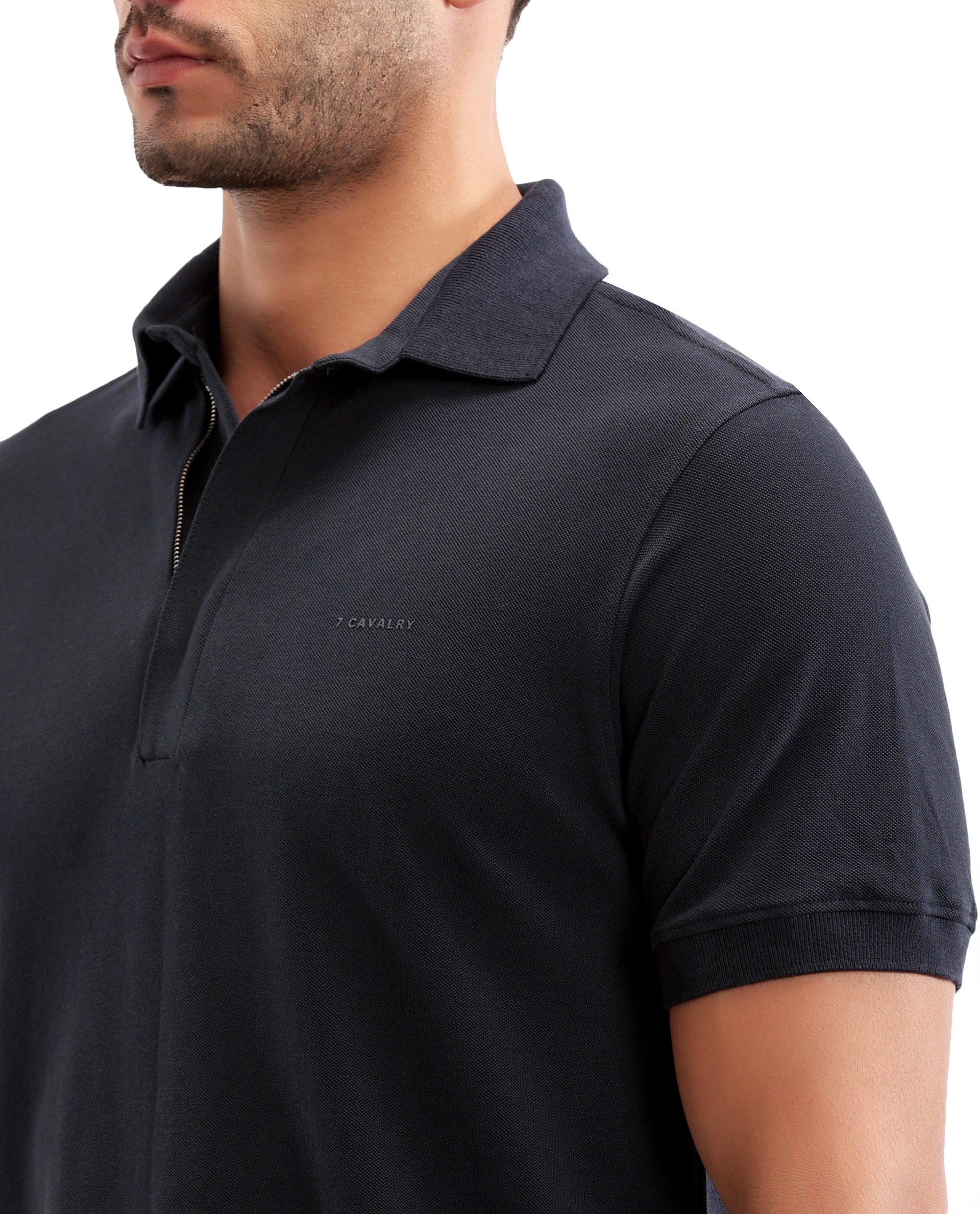 Midnight Navy Blue Pique Polo with Concealed 7C Metal Zip, HD Print