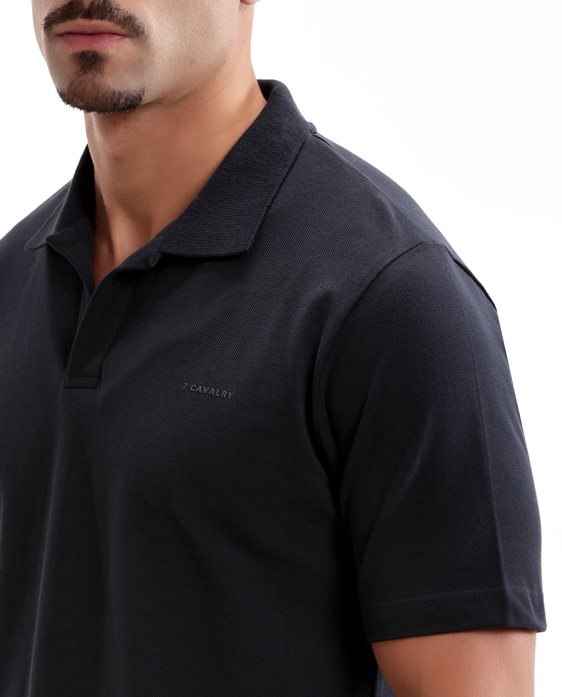 Midnight Navy Blue Pique Johnny Collar Polo with HD Print