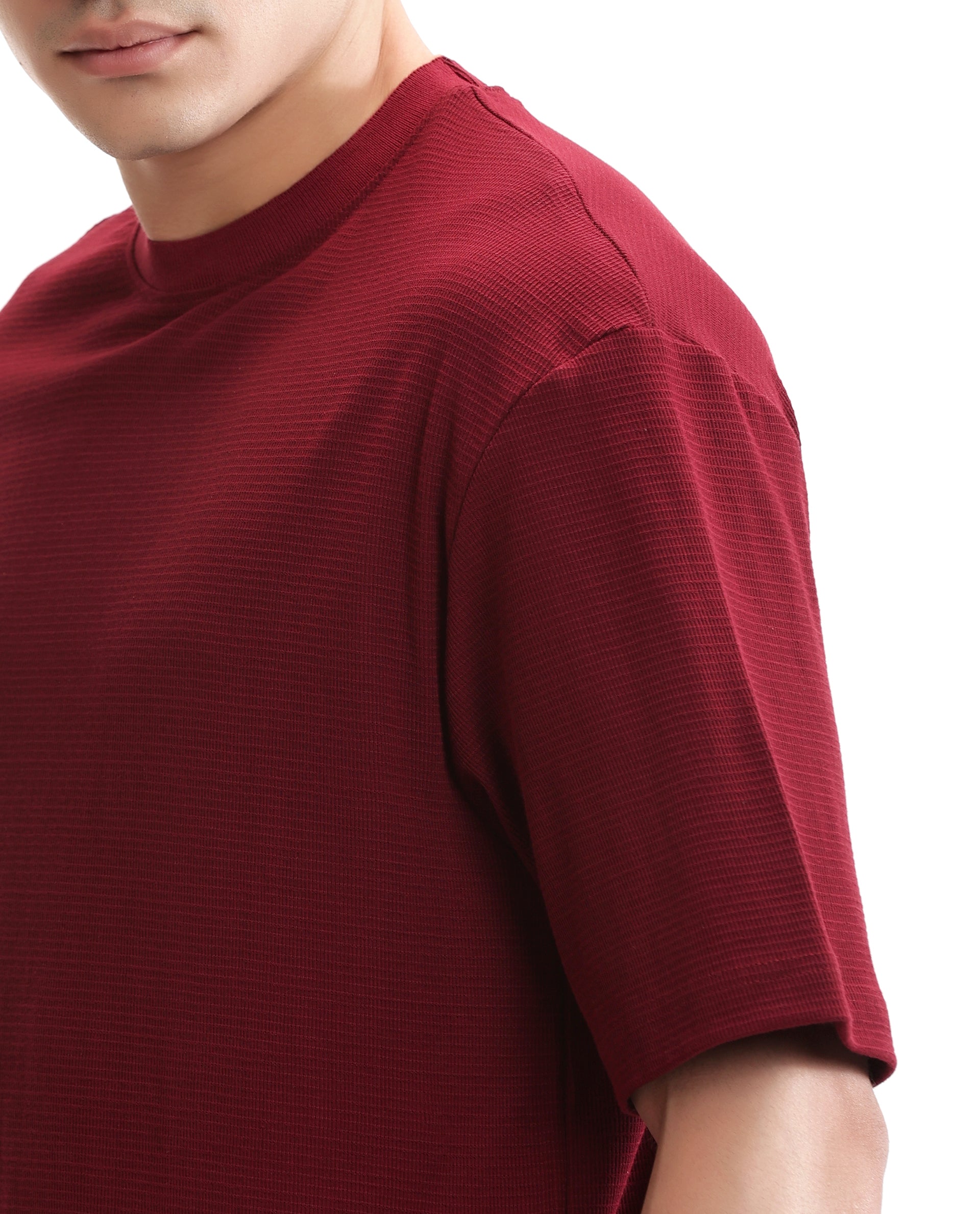 Bordeaux Maroon Knitted Waffle Crew Neck Oversized T-Shirt