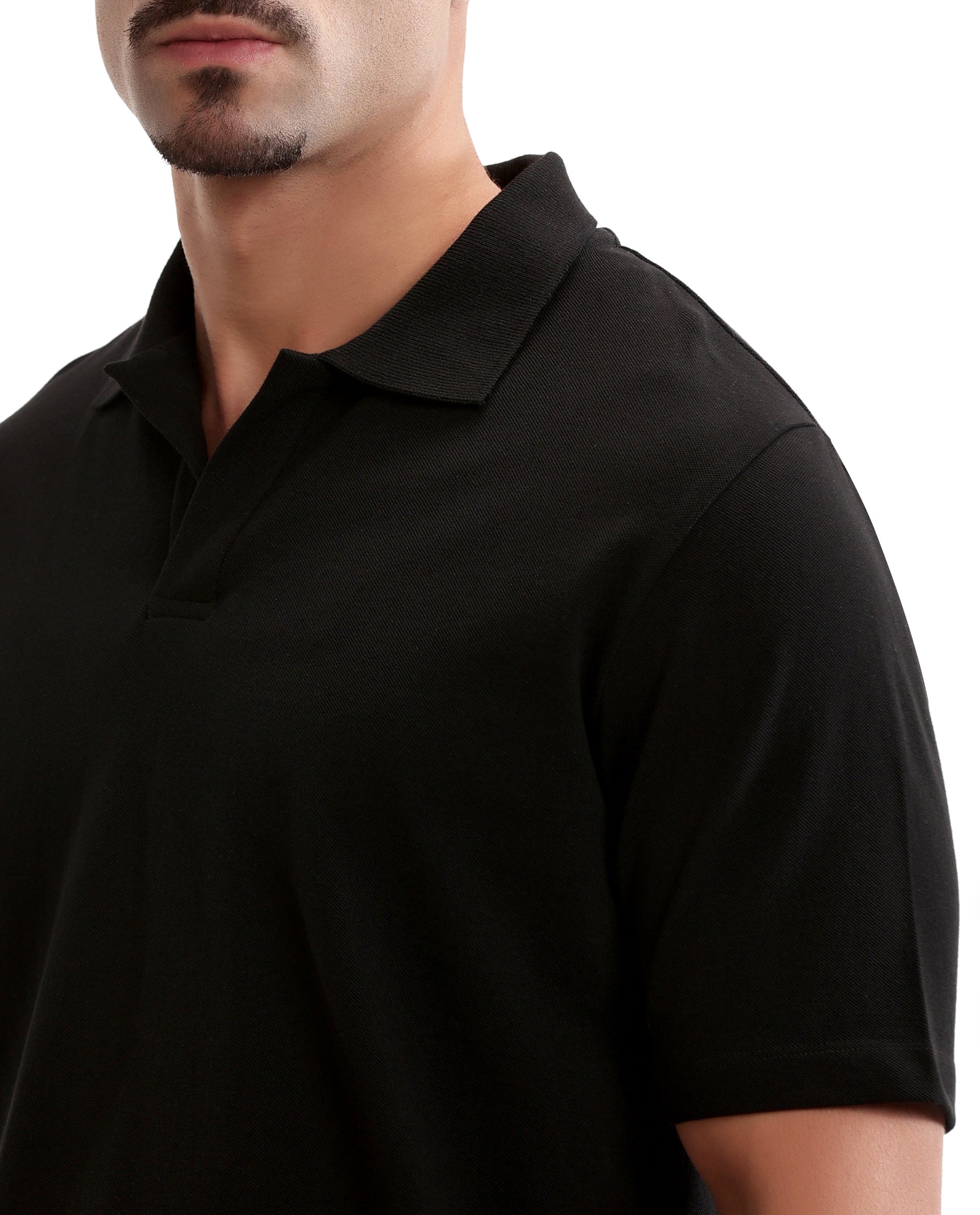 Charcoal Black Pique Johnny Collar Polo