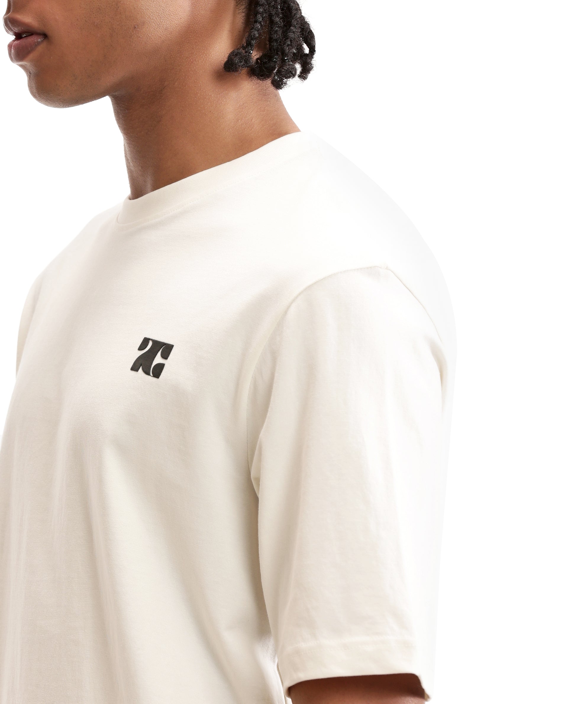 Ivory White Single Jersey Crew Neck Oversized T-Shirt with Charcoal Black HD Print