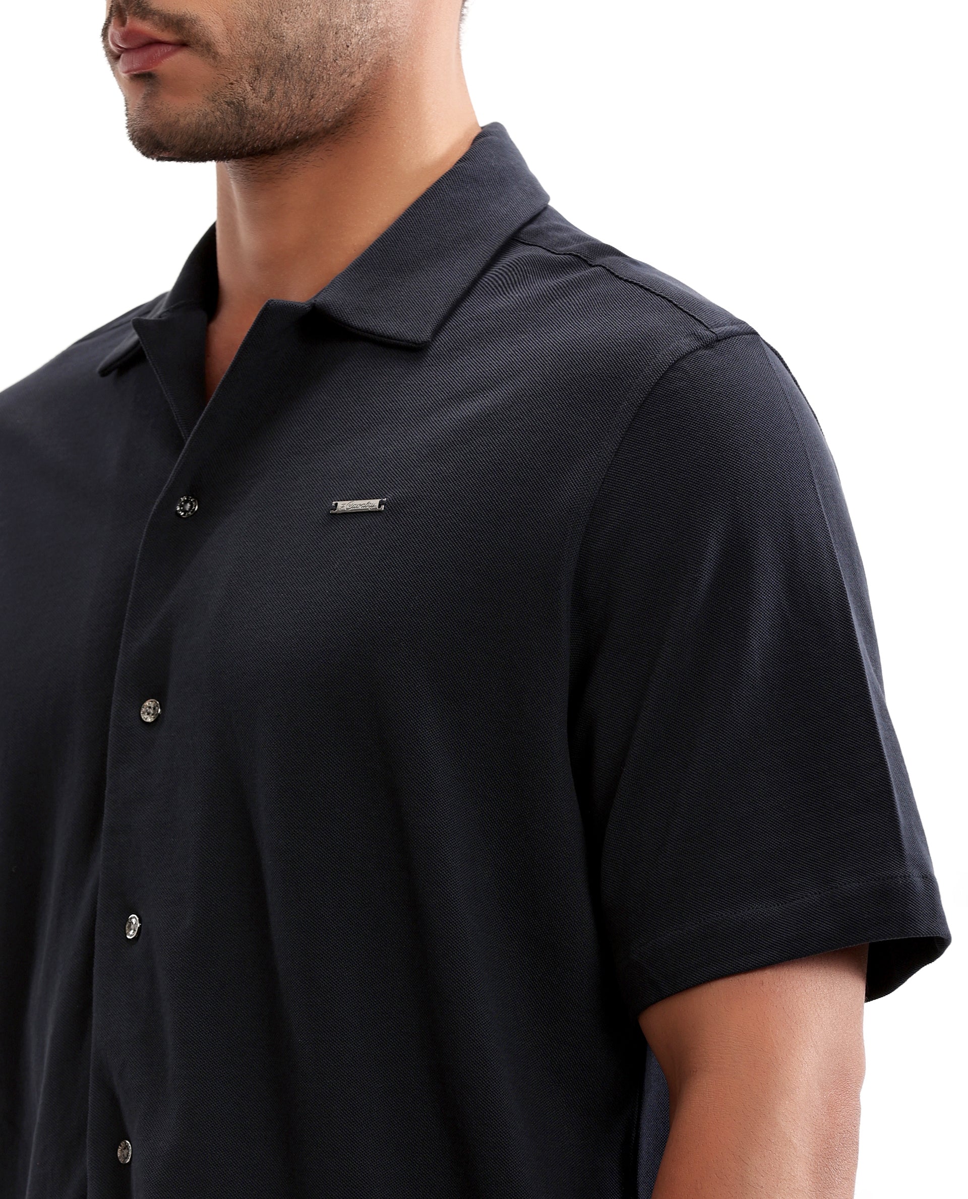 Midnight Navy Blue Pique Knit Shirt with 7C Metal Buttons, Gun Metal Badge