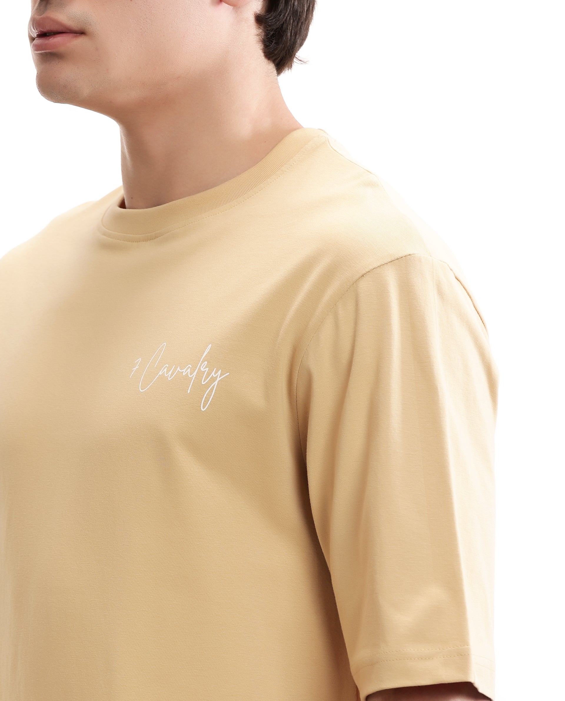 Camel Beige Single Jersey Crew Neck Oversized T-Shirt with Pure White Non-PVC Print