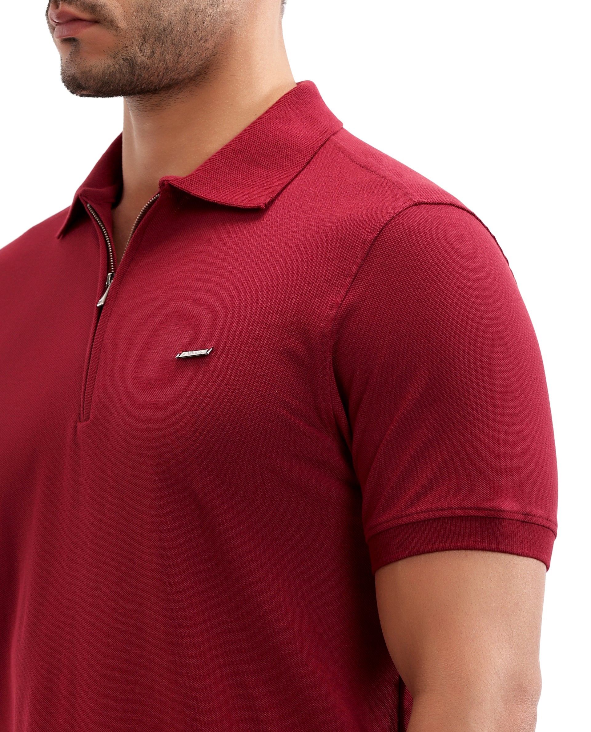 Bordeaux Maroon Pique Polo with 7C Metal Zip, Metal Badge