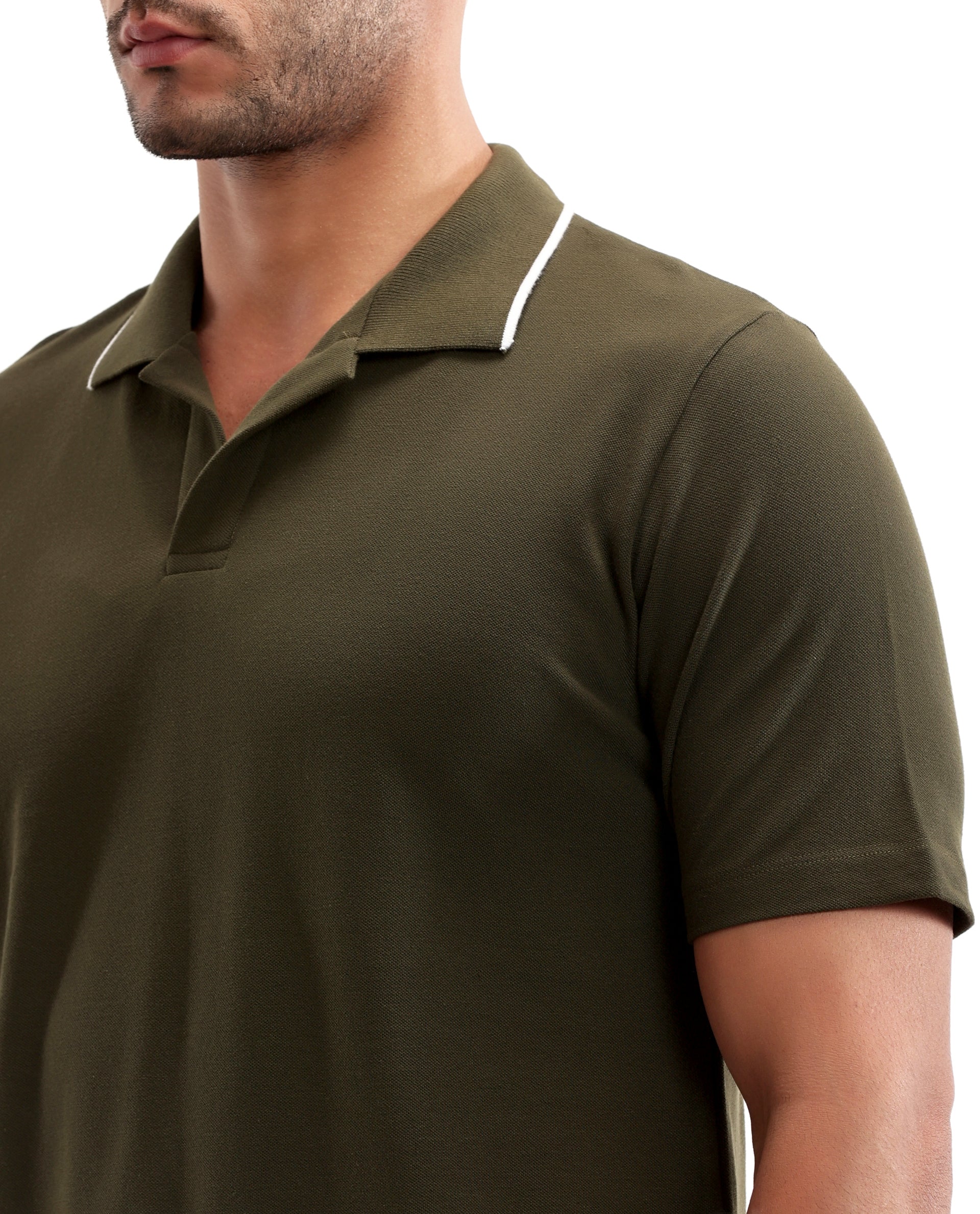 Vintage Olive Johnny Collar Pique Polo with White Collar Piping