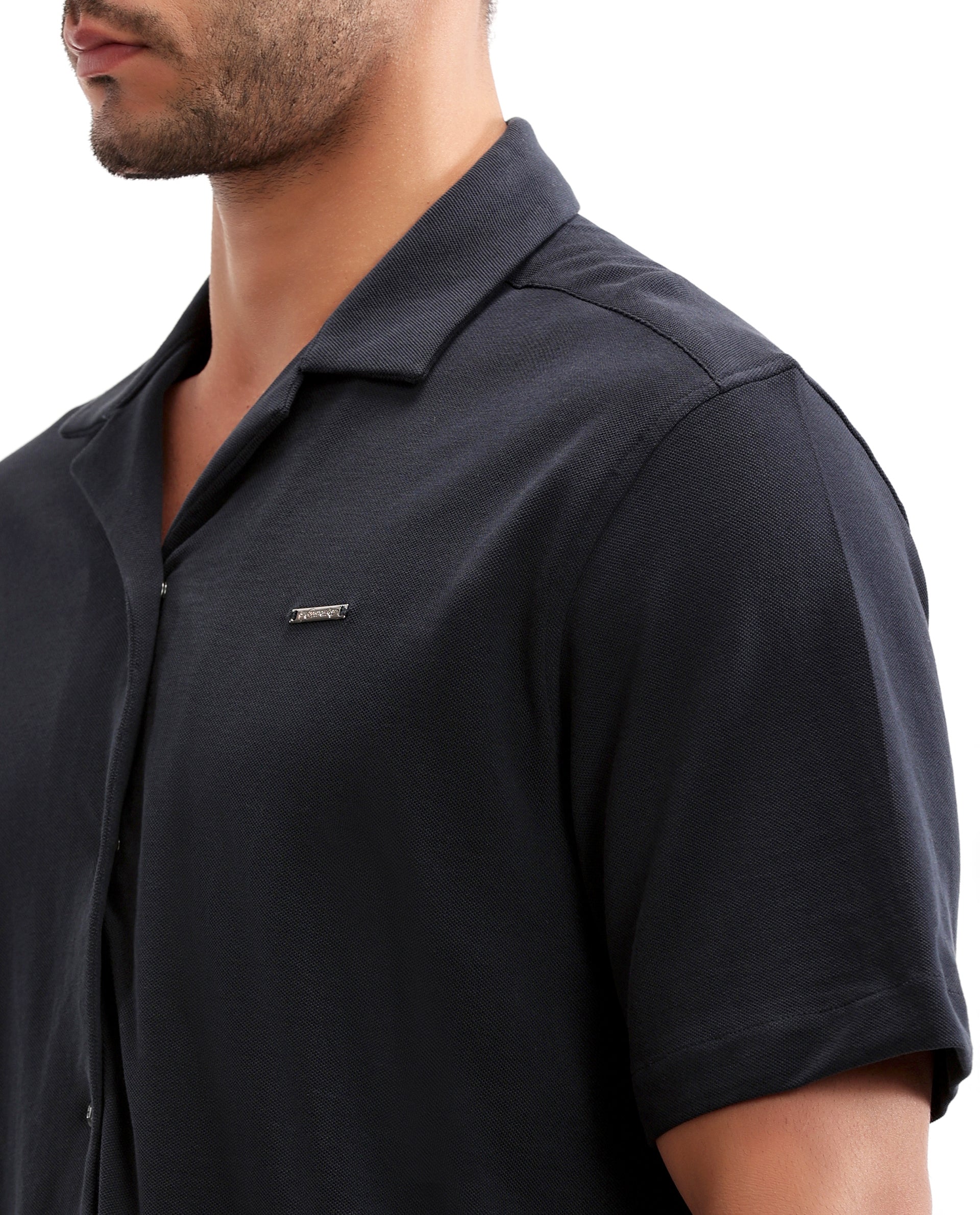 Midnight Navy Blue Pique Knit Shirt with 7C Engraved Snap Buttons, Gun Metal Badge