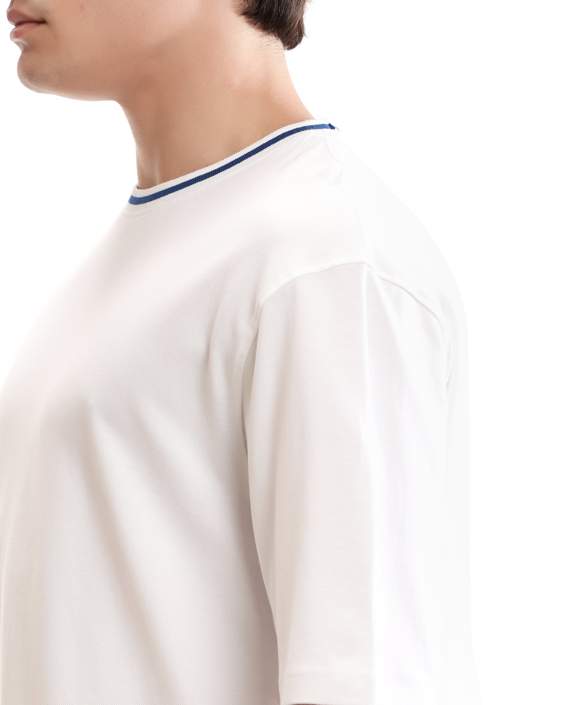 Pure White Pique Crew Neck Oversized T-Shirt with Imperial Prussian Blue Piping