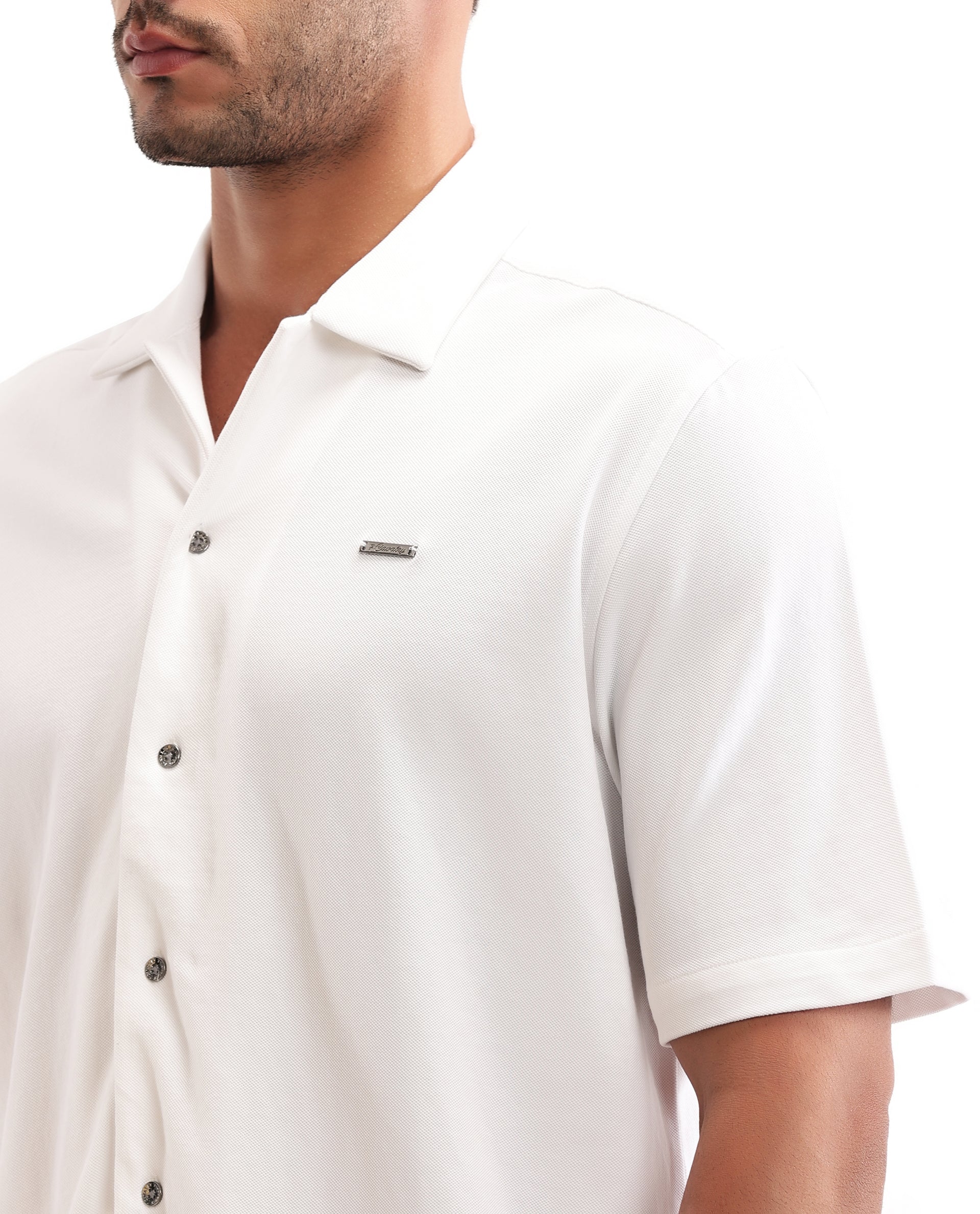 Pure White Pique Knit Shirt with 7C Metal Buttons, Gun Metal Badge