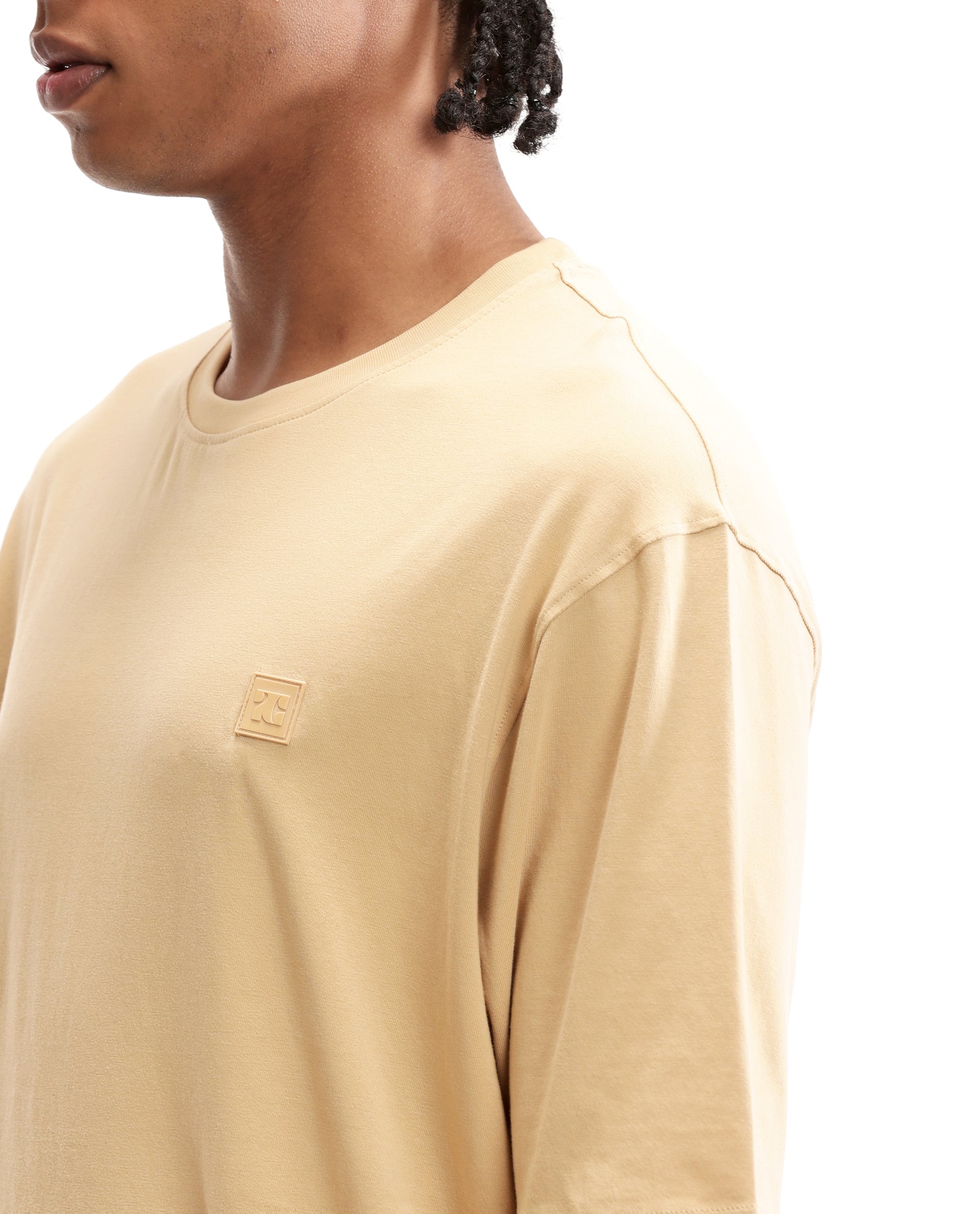 Camel Beige Single Jersey Crew Neck Oversized T-Shirt with 7C Premium Rubber Badge