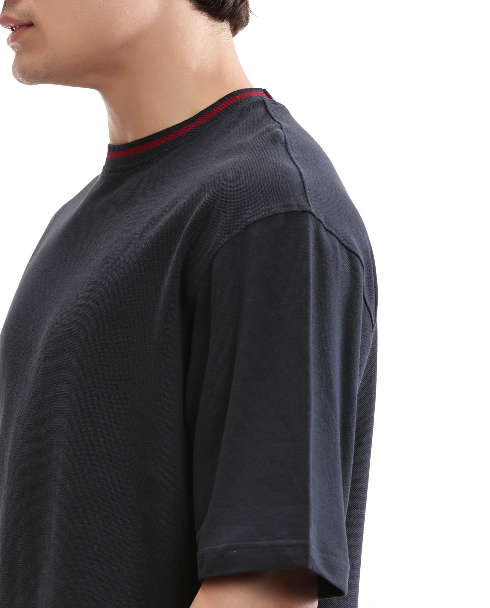 Midnight Navy Blue Pique Crew Neck Oversized T-Shirt with Bordeaux Maroon Piping