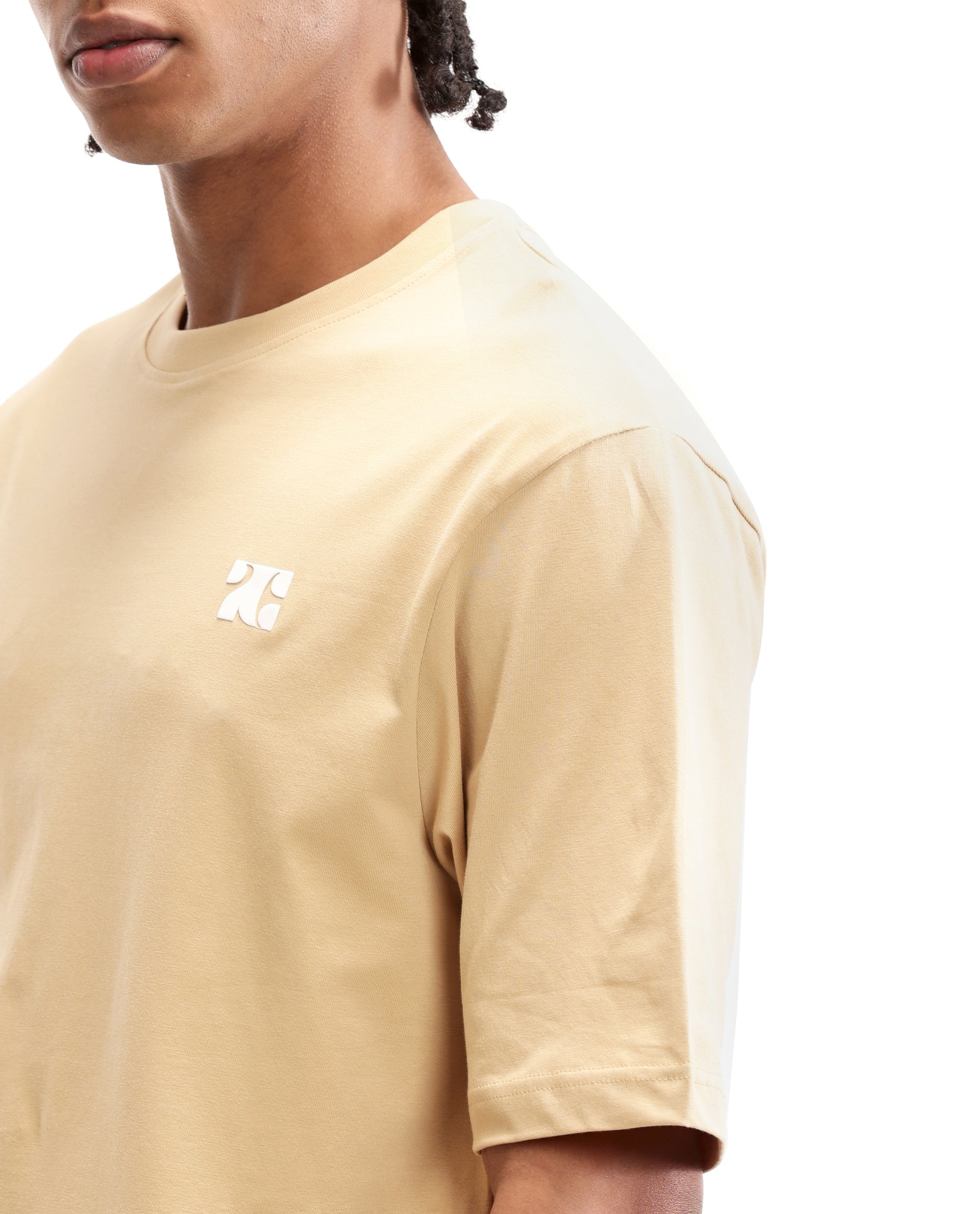 Camel Beige Single Jersey Crew Neck Oversized T-Shirt with Pure White HD Print