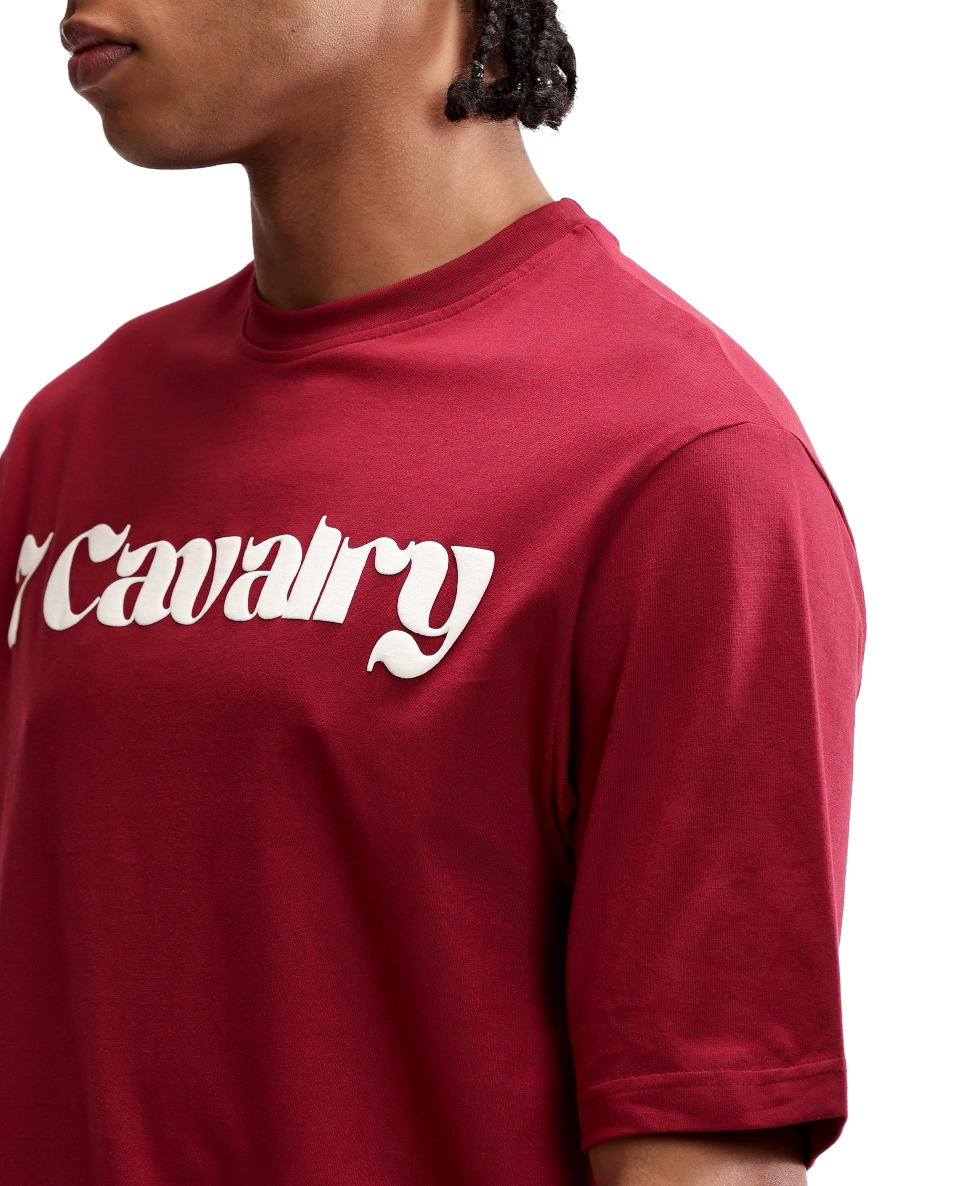 Bordeaux Maroon Single Jersey Crew Neck Oversized T-Shirt with Pure White Puff Print
