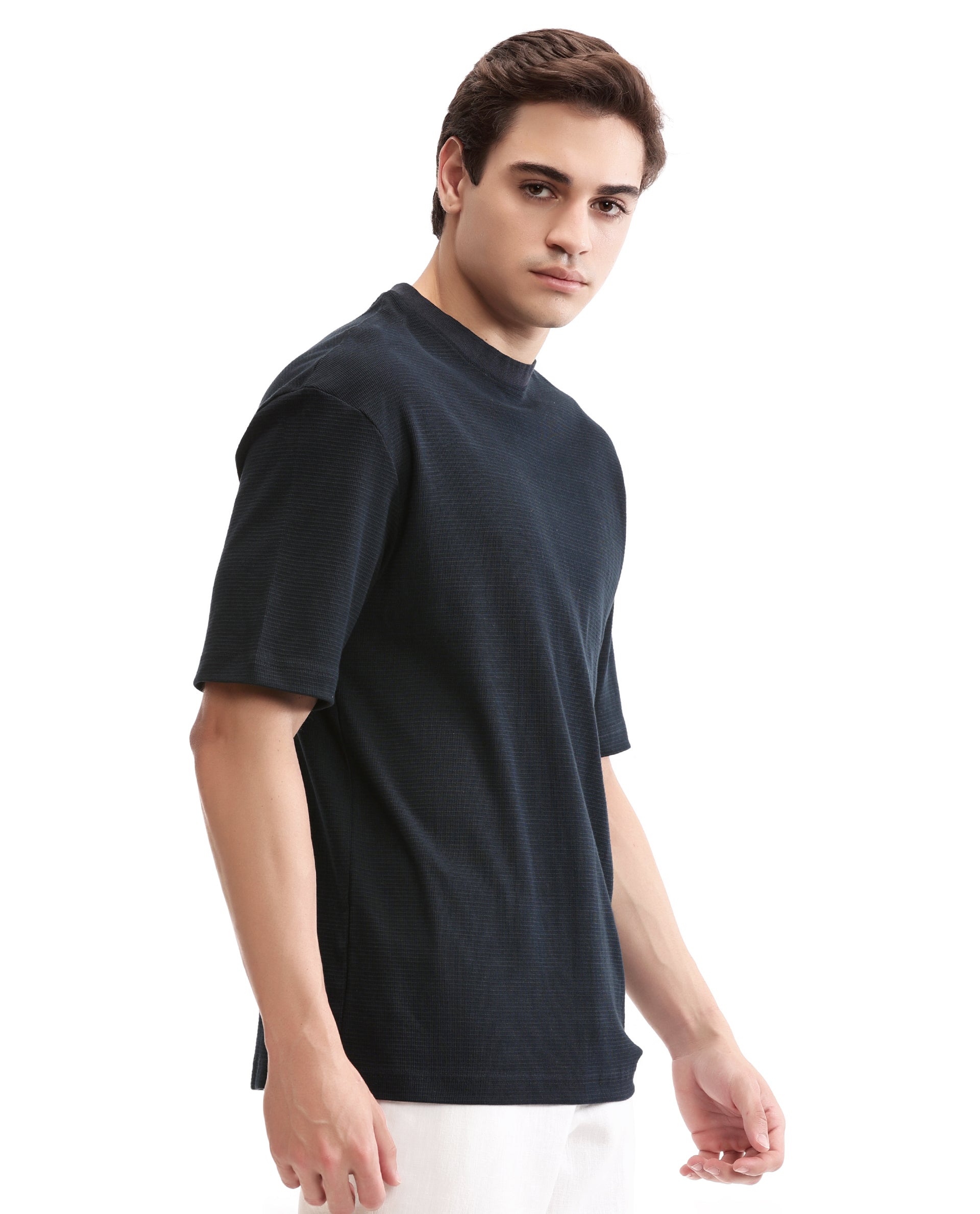 Midnight Navy Blue Knitted Waffle Crew Neck Oversized T-Shirt