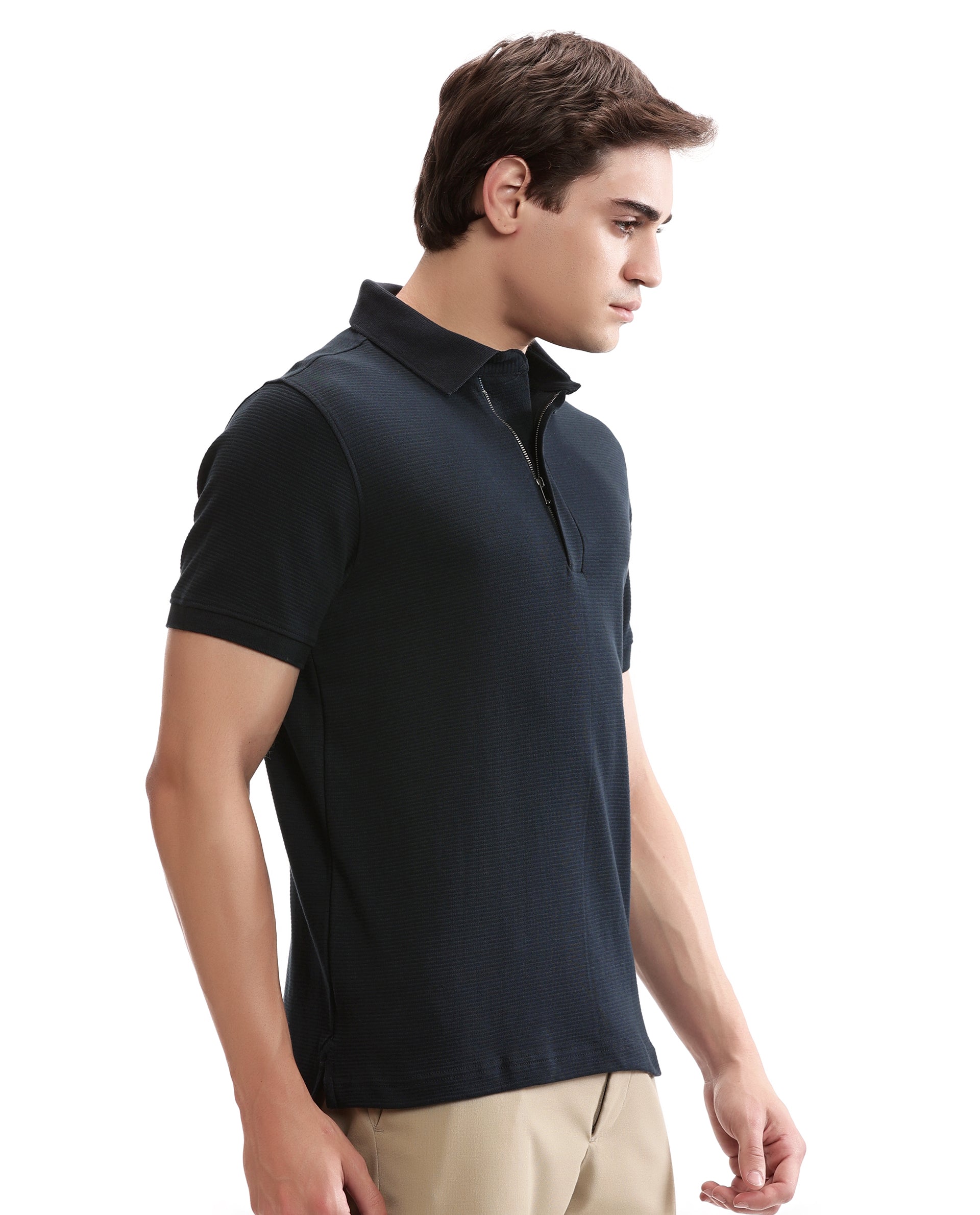 Midnight Navy Blue Knitted Ottoman Polo with 7C Metal Zip