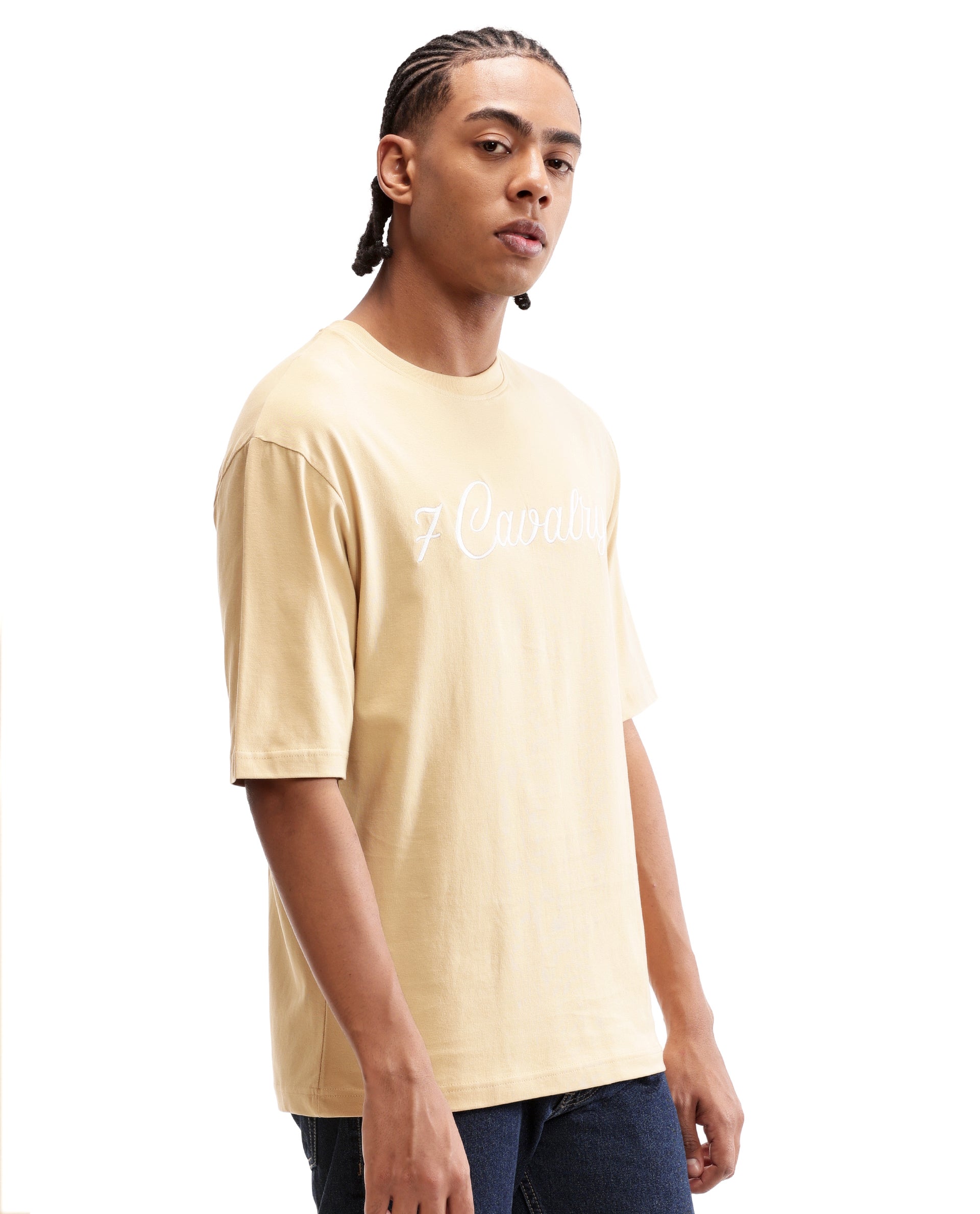 Camel Beige Single Jersey Crew Neck Oversized T-Shirt with Pure White Embroidery