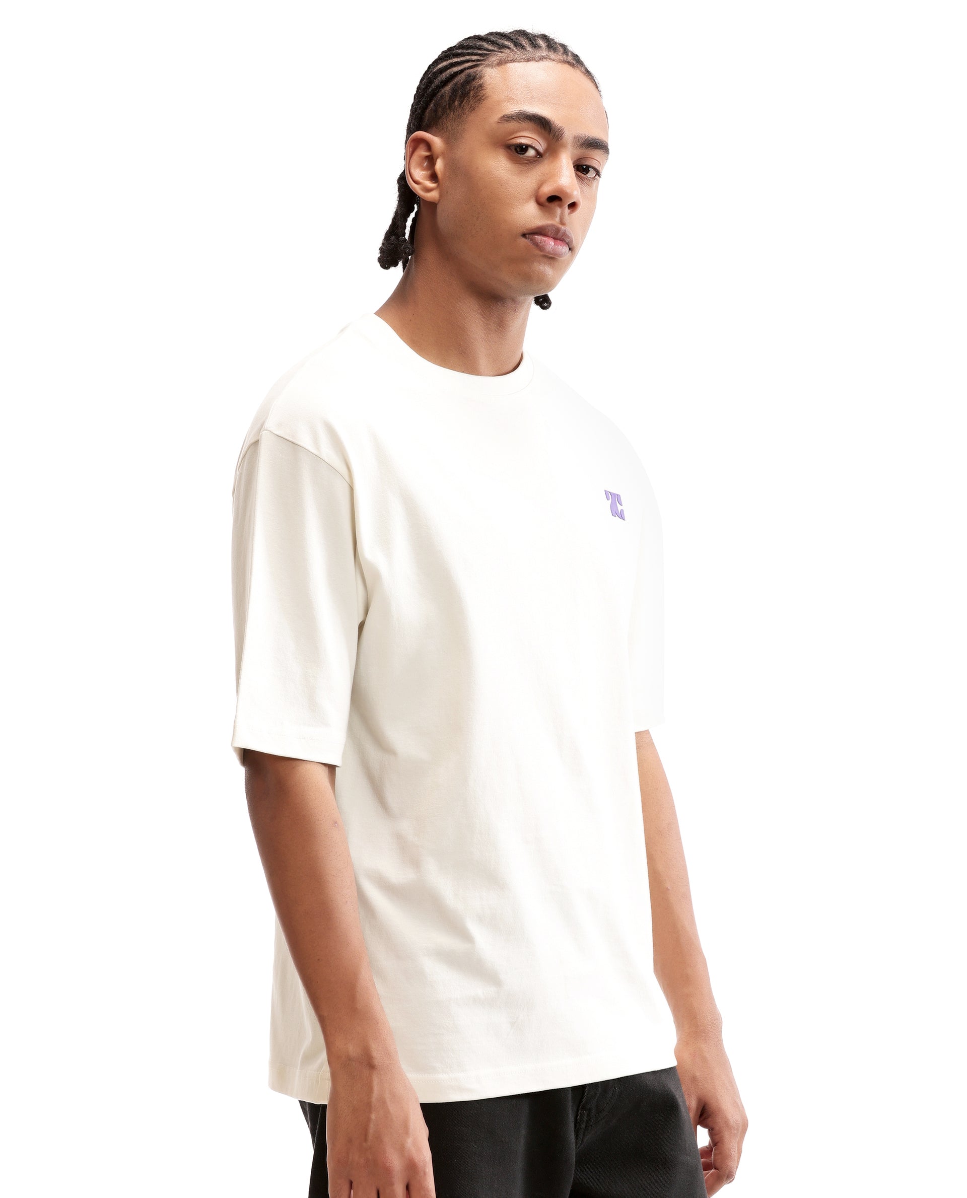 Ivory White Single Jersey Crew Neck Oversized T-Shirt with Deep Purple HD Print